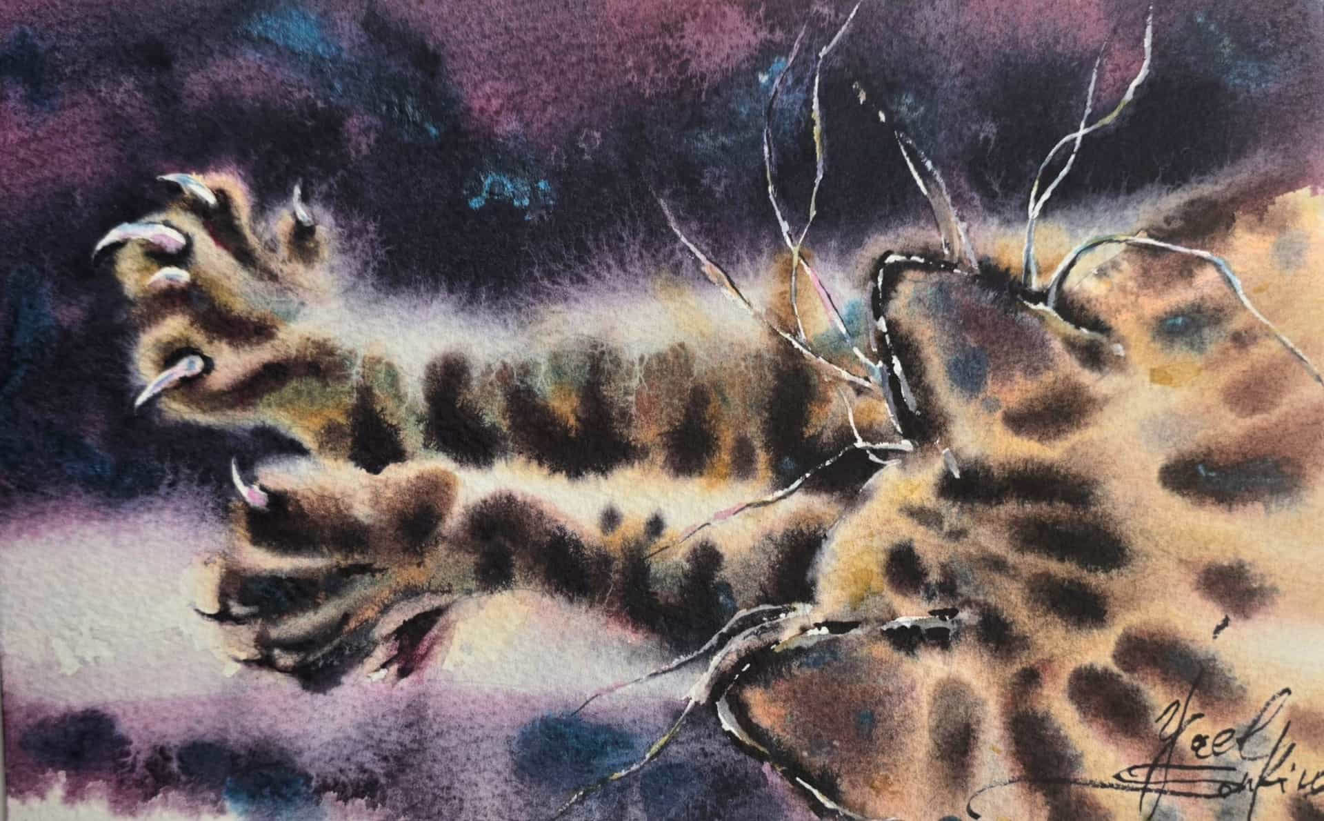 Original watercolor painting of a stretching cat with extended paws, cozy animal art