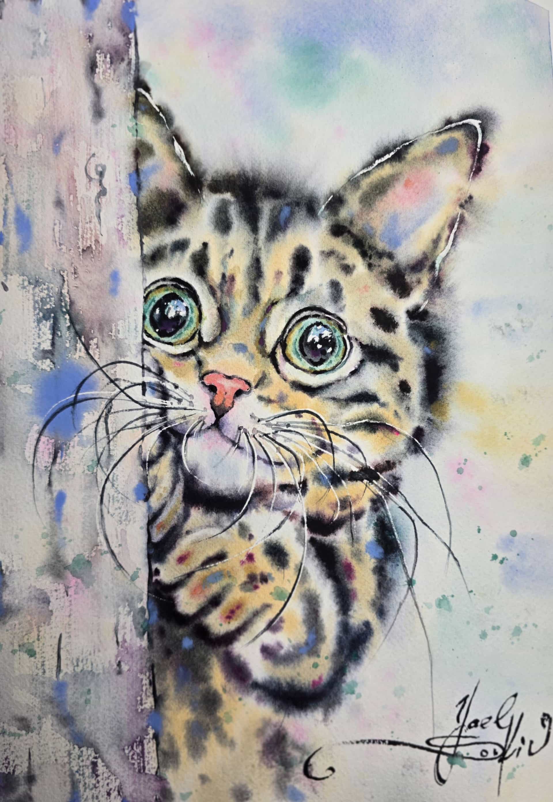 Cat Watercolor Painting, Original Kitten Portrait Wall Art, Colorful Pet Decor