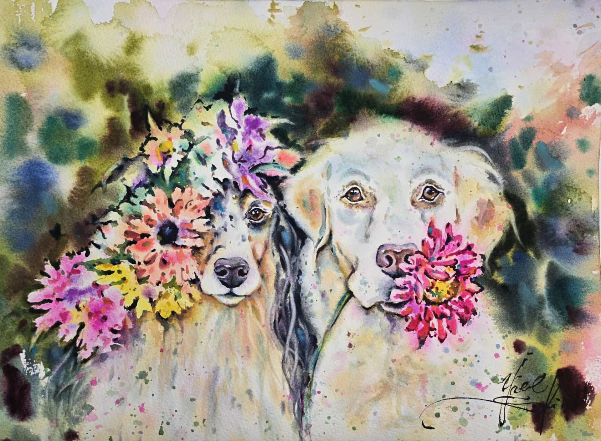 Original Two Dogs with Flowers Watercolor Painting - Colorful Pet Portrait Wall Art 