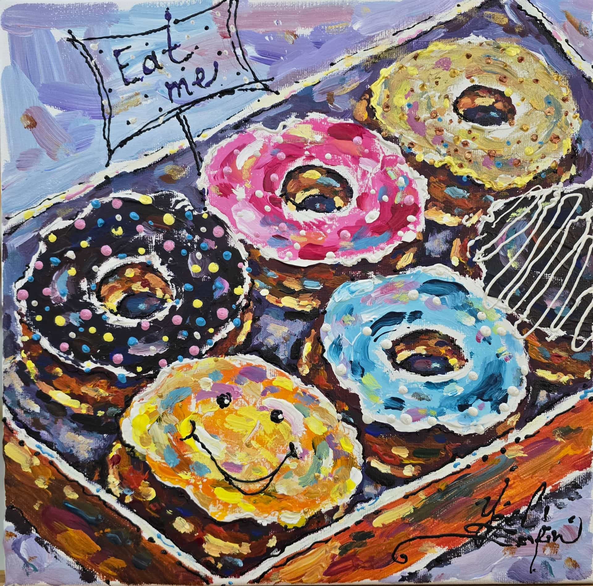 Original Donuts Painting on Canvas - Colorful Mixed Media Wall Art, Textured Acrylic Artwork