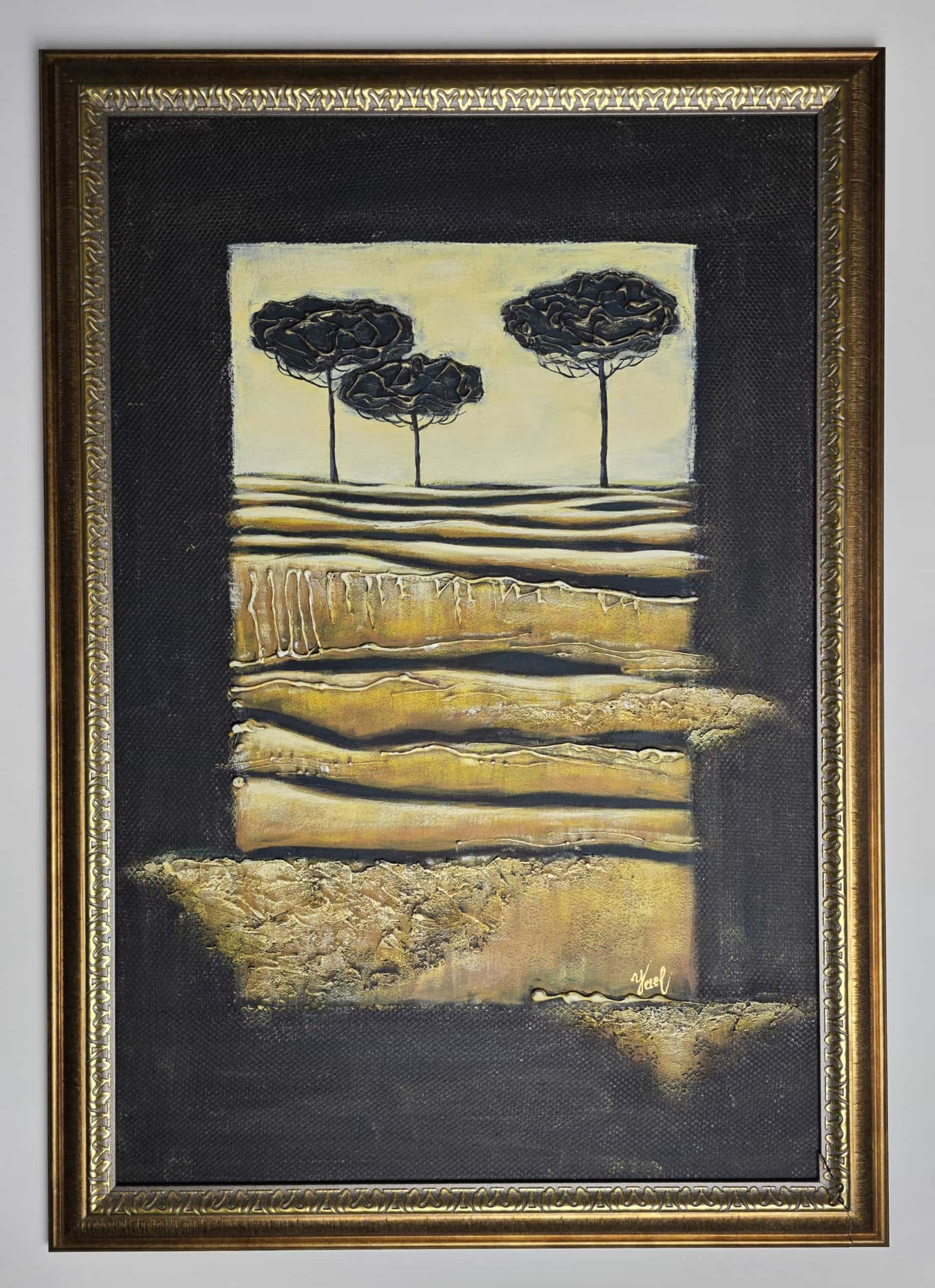 Textured Landscape Painting, Modern Wall Art with Trees, Mixed Media Artwork