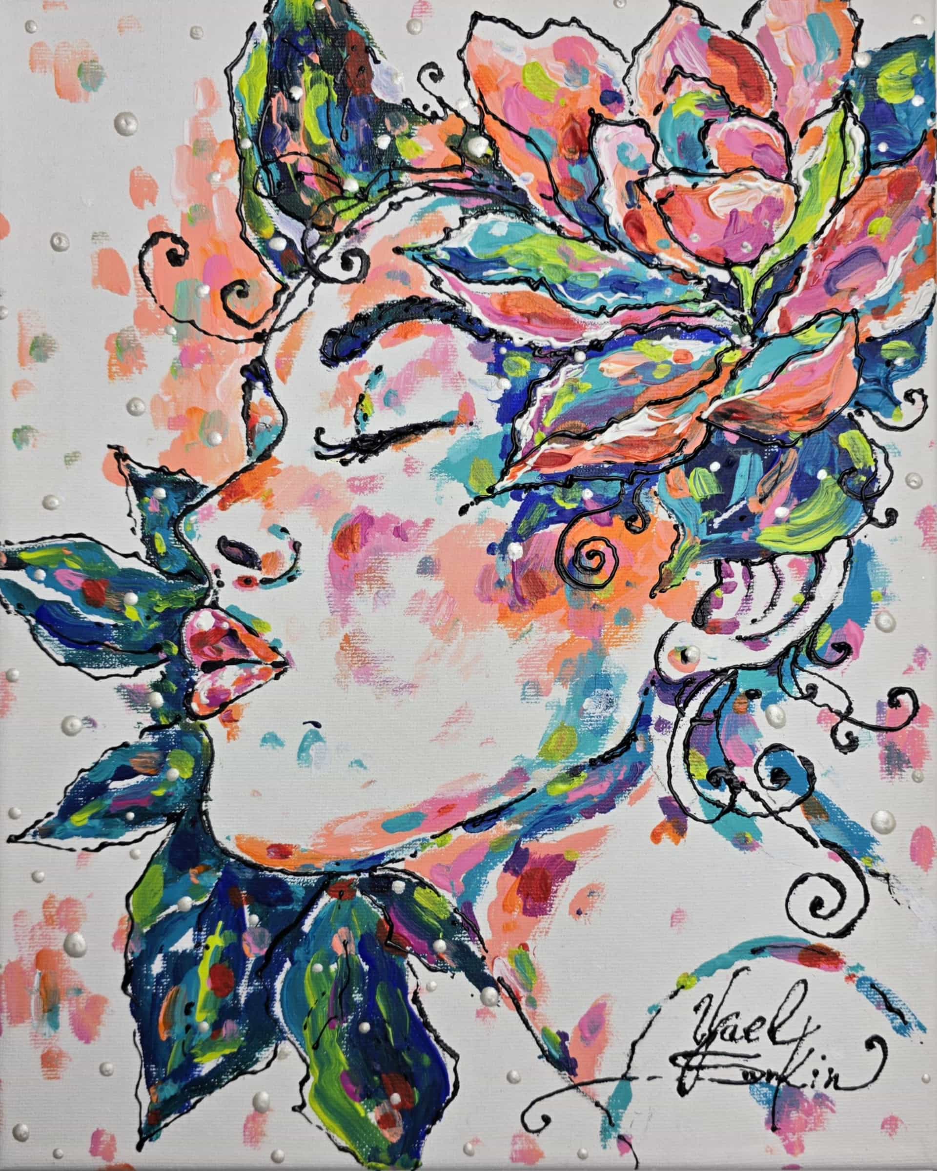 Floral Woman Acrylic Painting, Original Colorful Portrait Wall Art on Canvas