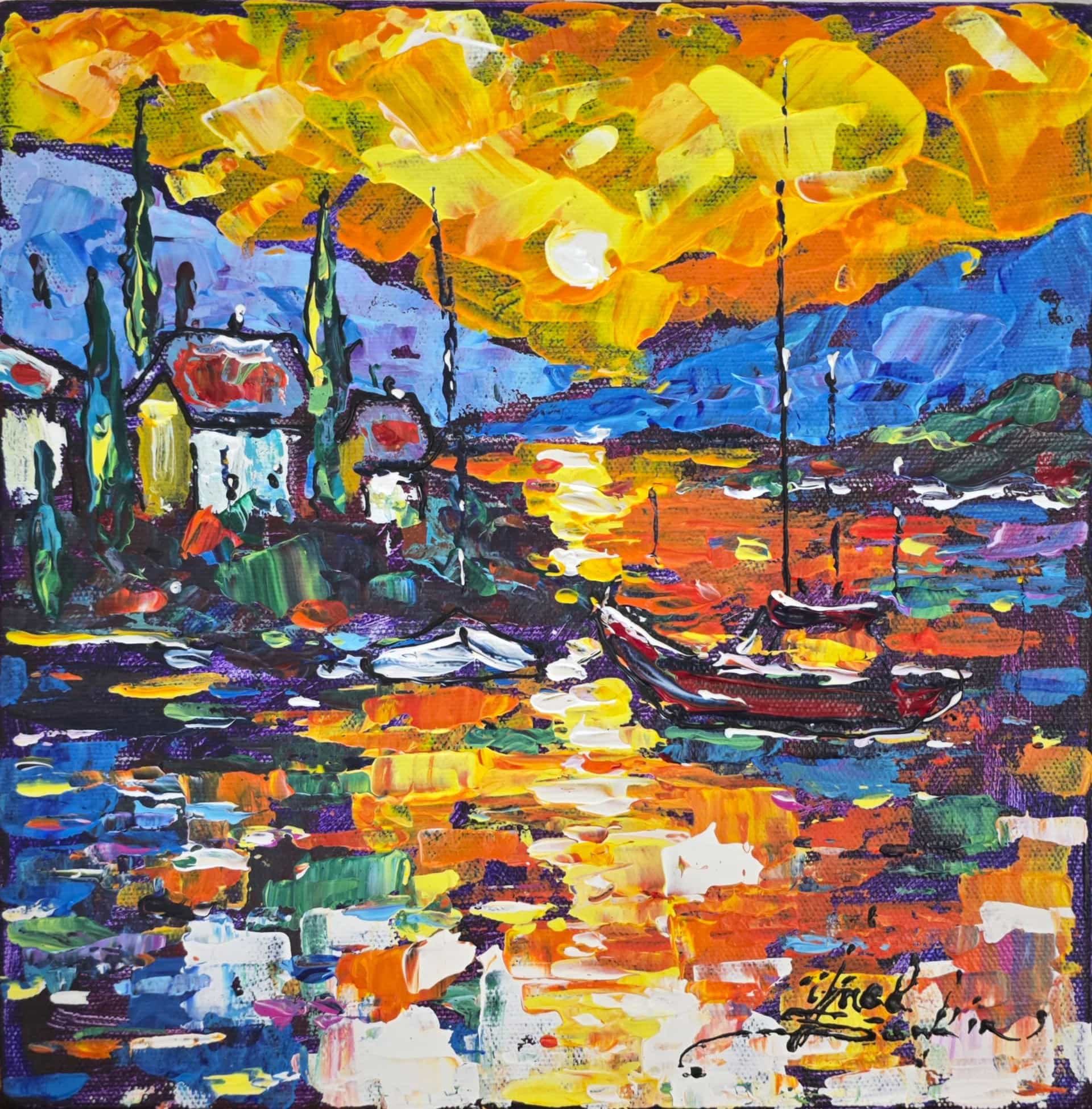 Italian Sunset acrylic Painting on Canvas, Colorful Seascape Wall Art