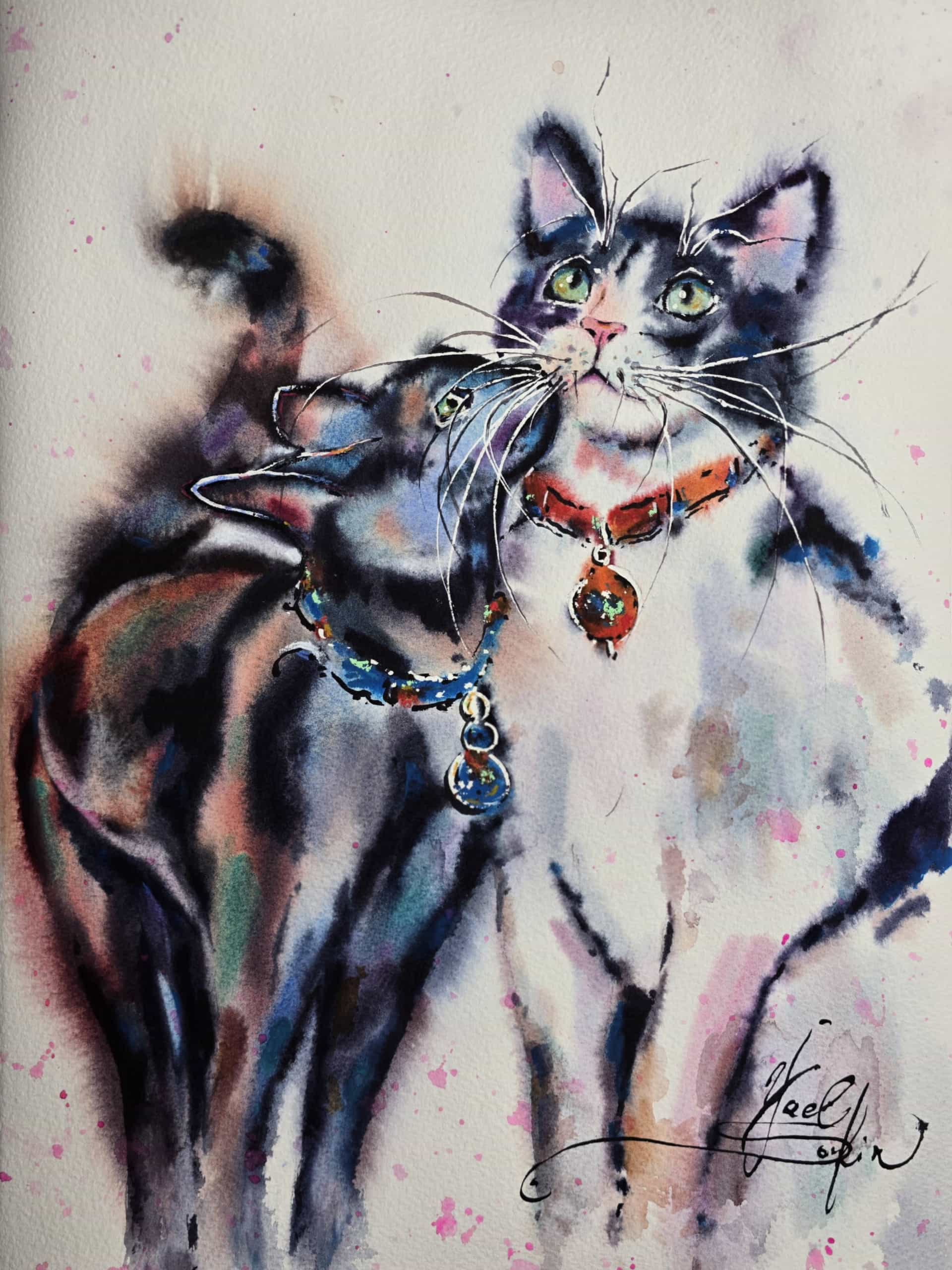Cat Watercolor Painting Original Two Cats Pet Portrait Wall Art