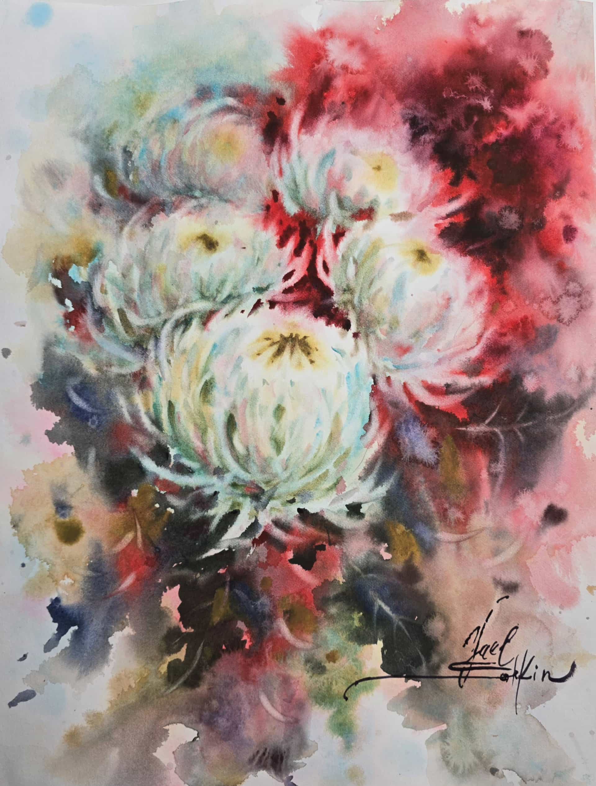 original watercolor painting of white chrysanthemums on red background, expressive floral botanical artwork titled “White on Red”, signed by artist Yael Natali
