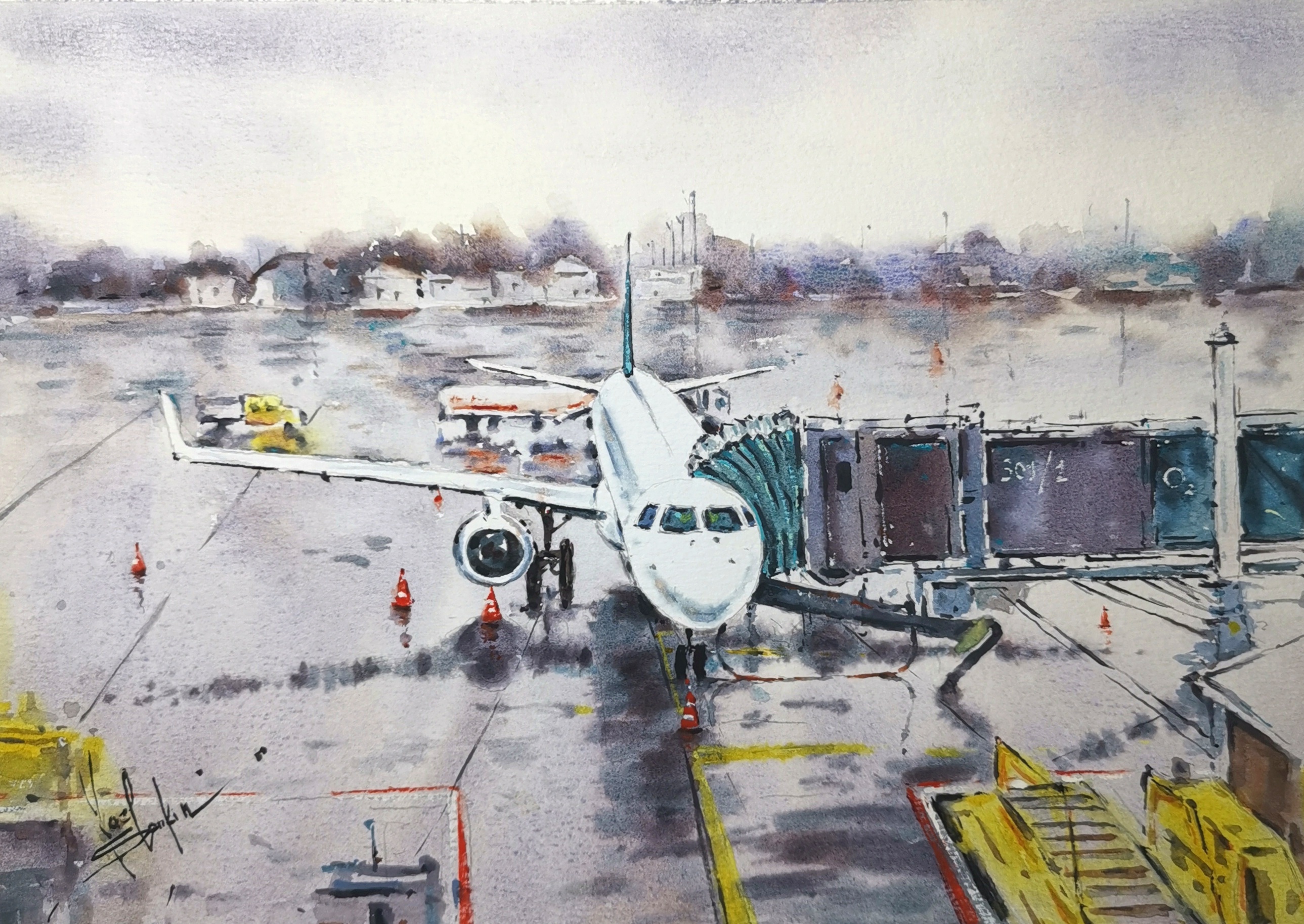 Airport painting Original watercolor painting Airplane artwork