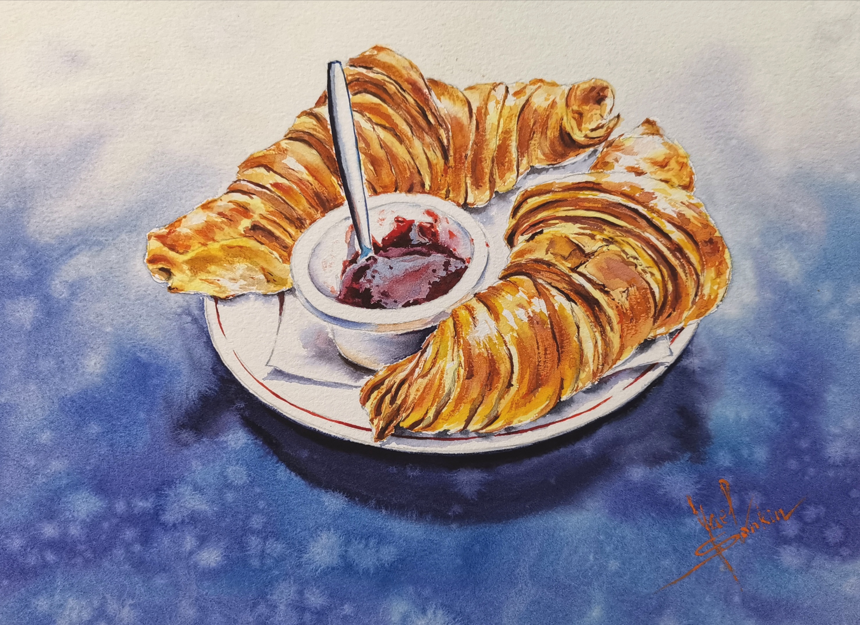 Croissant Painting Original Watercolor Dessert Artwork Breakfast Painting