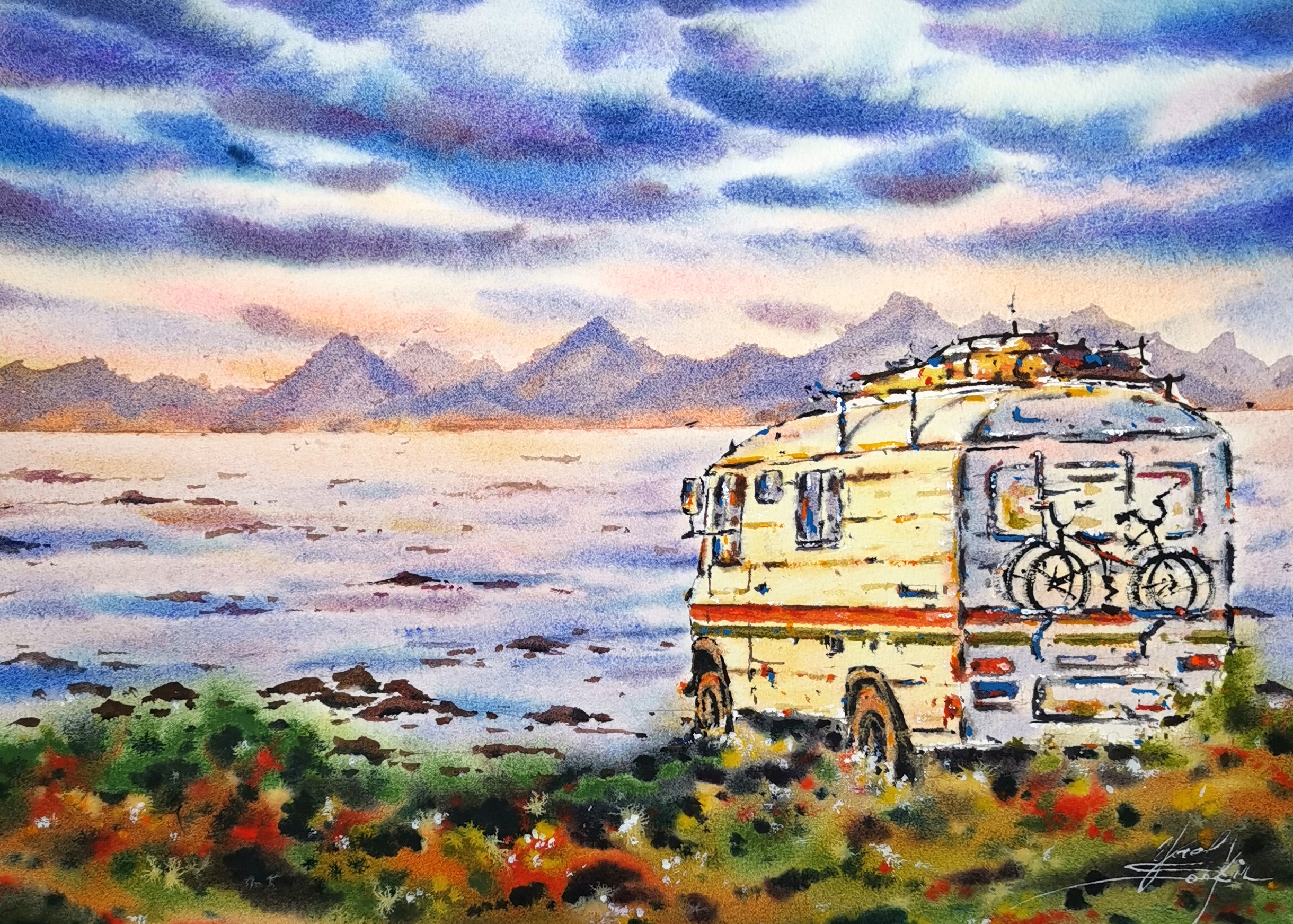 Original Watercolor Campervan Painting - Seascape Wall Art, Traval Landscape Art