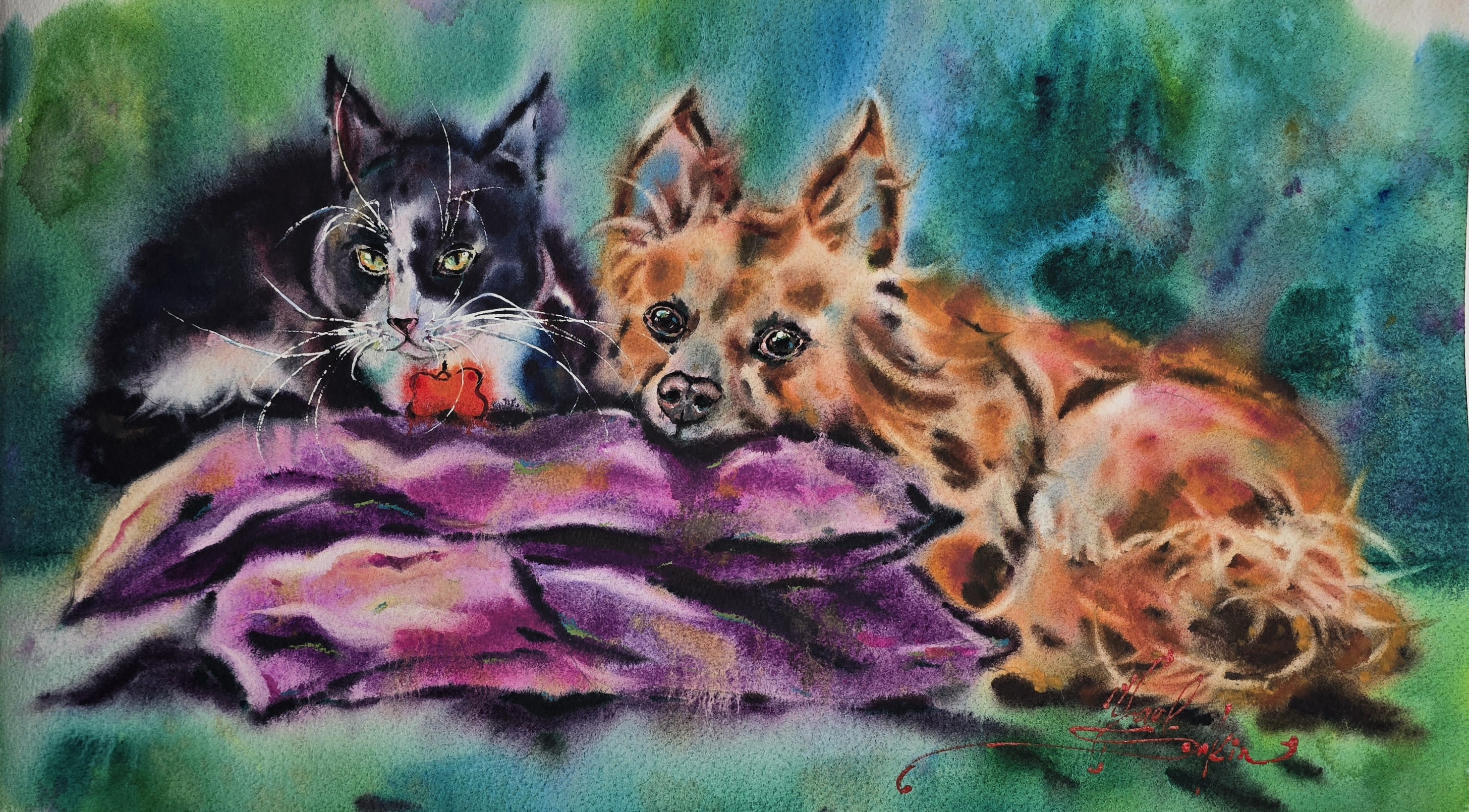 Cat and Dog Friendship Artwork - Original Watercolor Painting