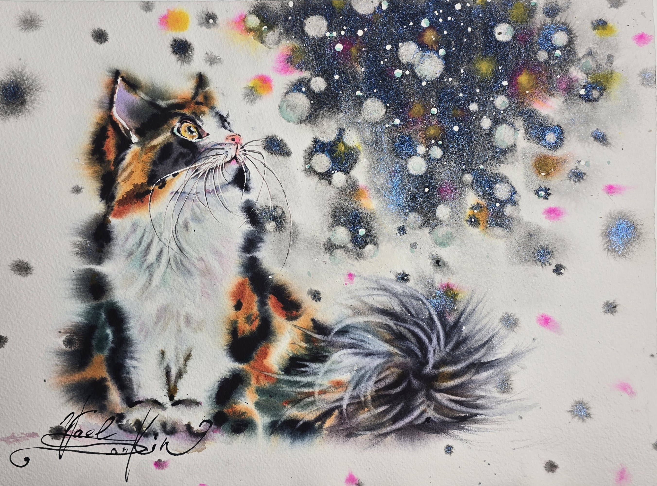 Calico Cat Watercolor Painting, Original Galaxy Starry Night Wall Art