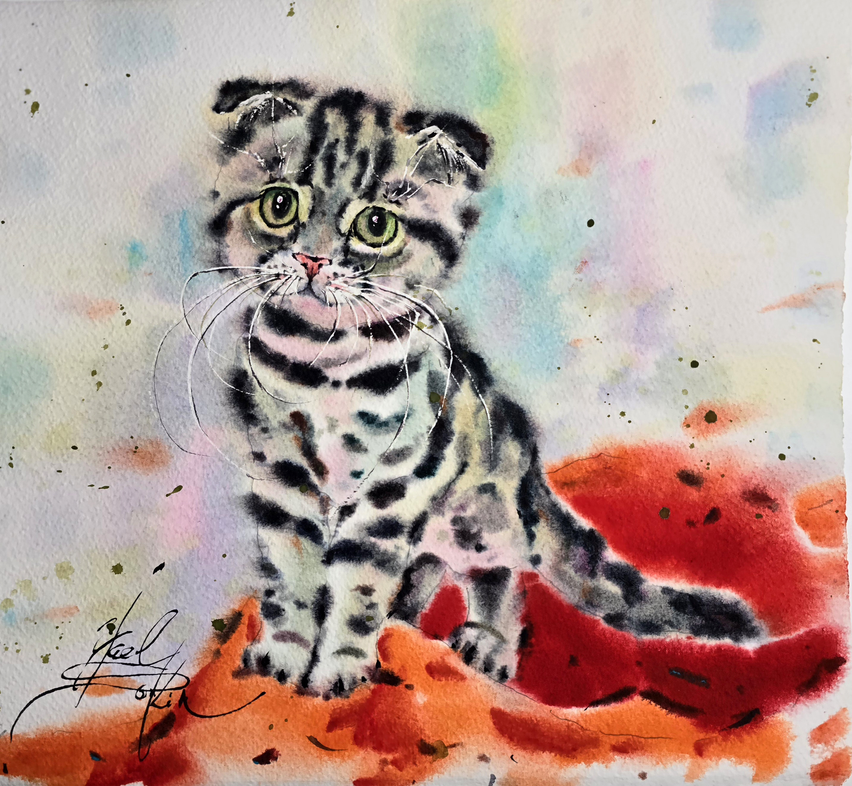 Original Watercolor Kitten Painting - Cat Wall Art