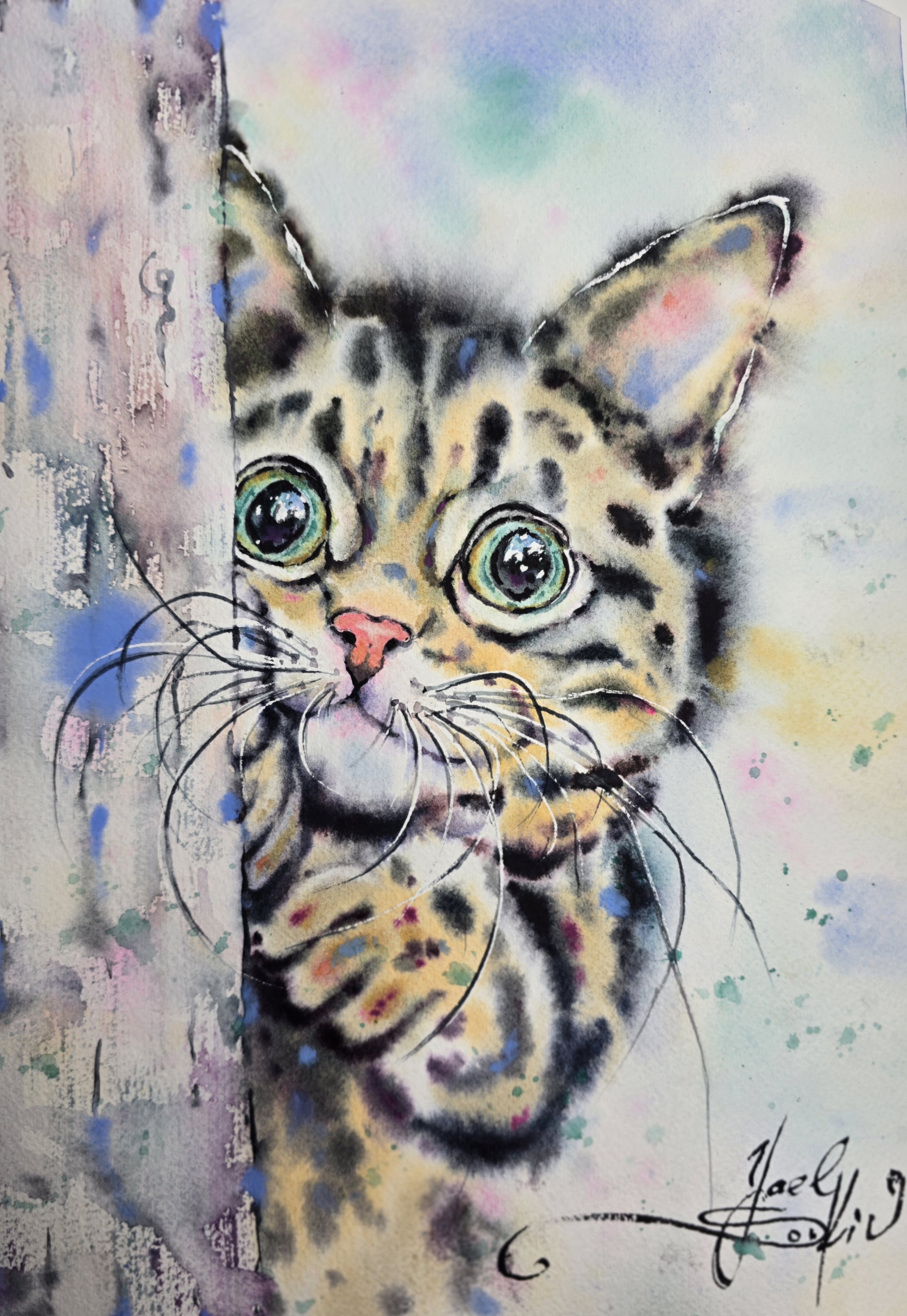 Cat Watercolor Painting, Original Kitten Portrait Wall Art, Colorful Pet Decor
