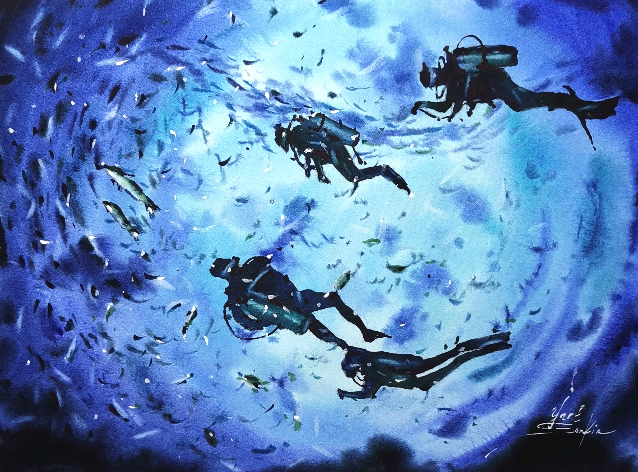 Original Watercolor Scuba Divers Painting - Underwater World Wall Art