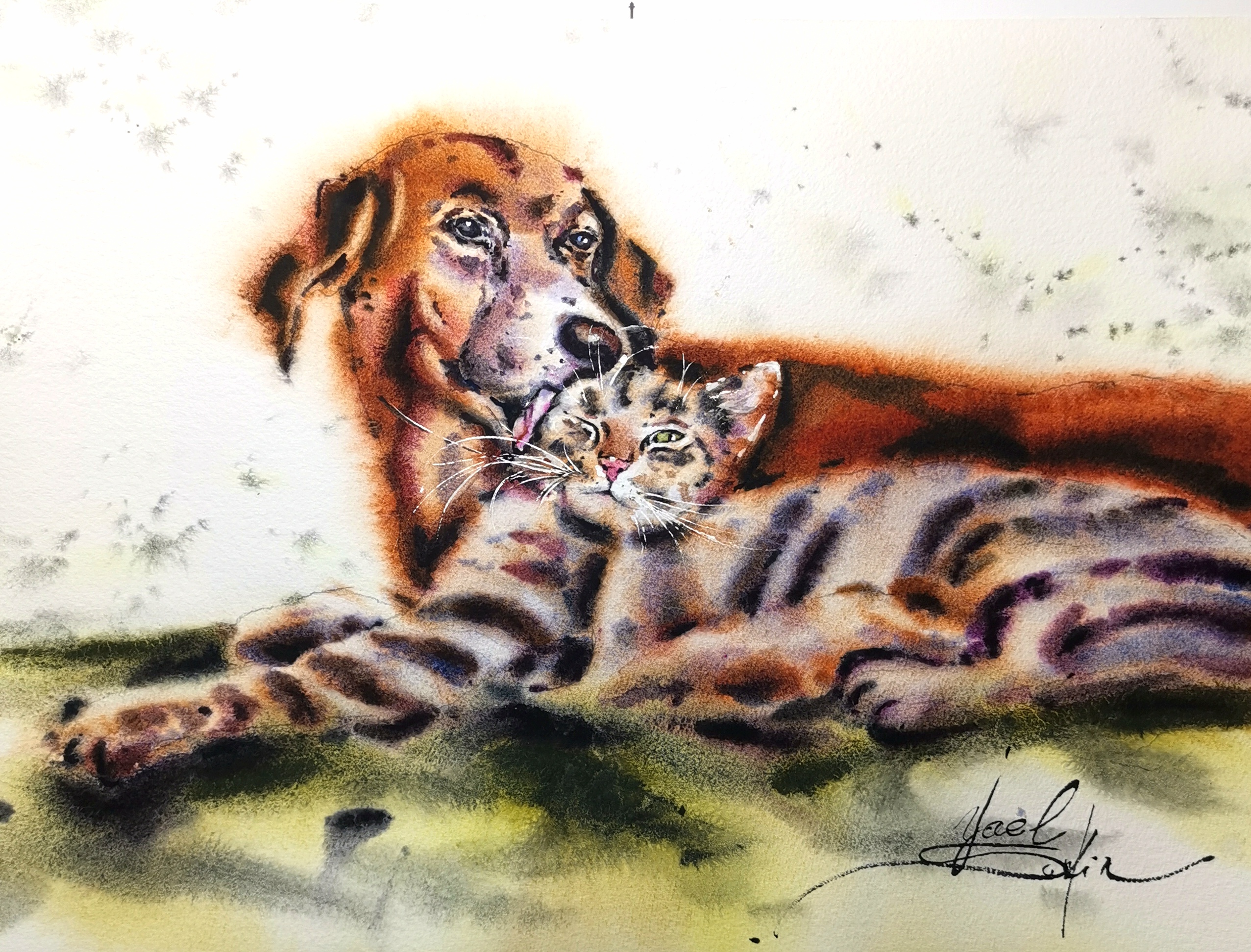 Original Watercolor Dog and Cat Painting - Pet Friendship Wall Art