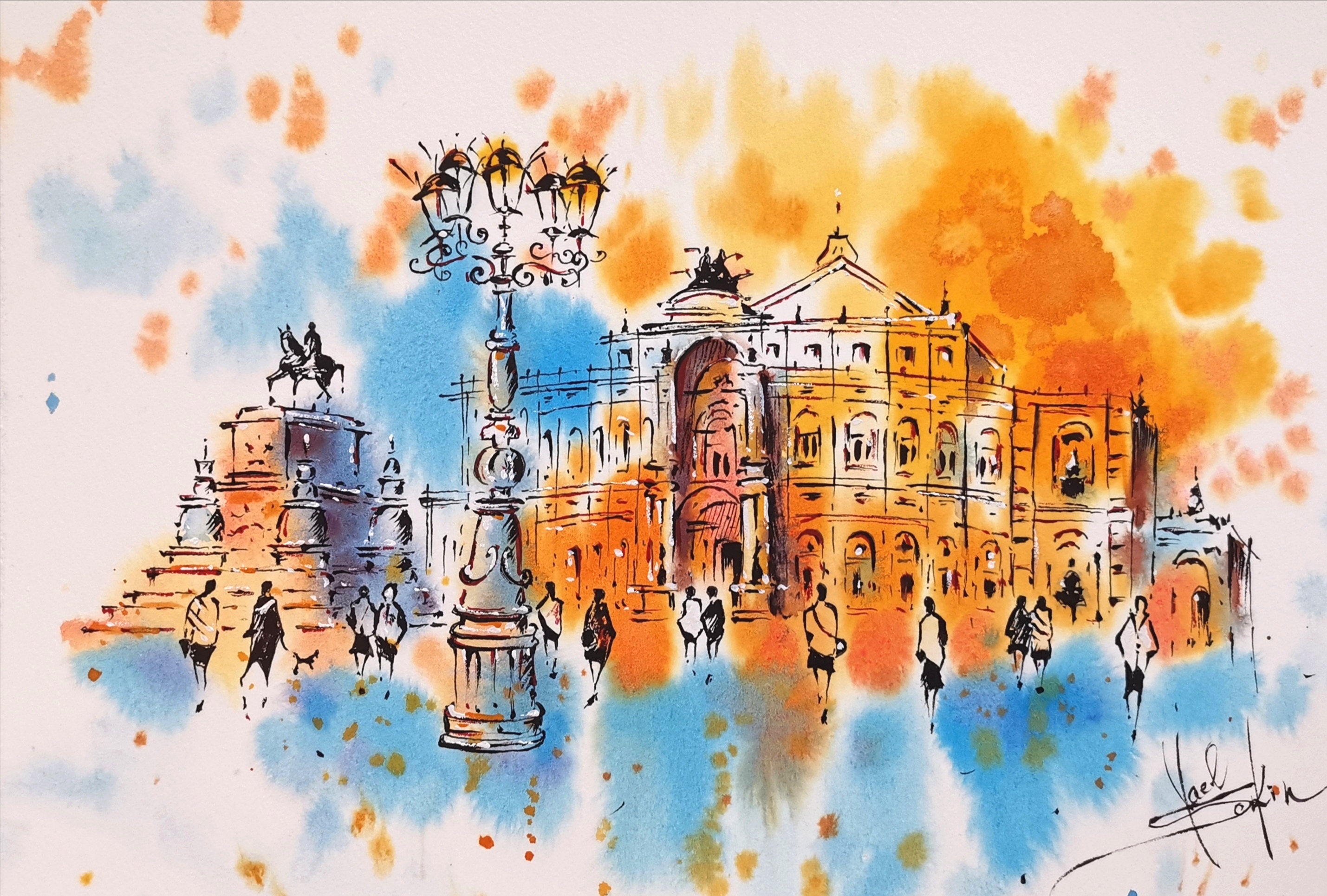 urban sketch of Dresden Theaterplatz with Semperoper Opera House and King Johann Monument in ink and watercolor