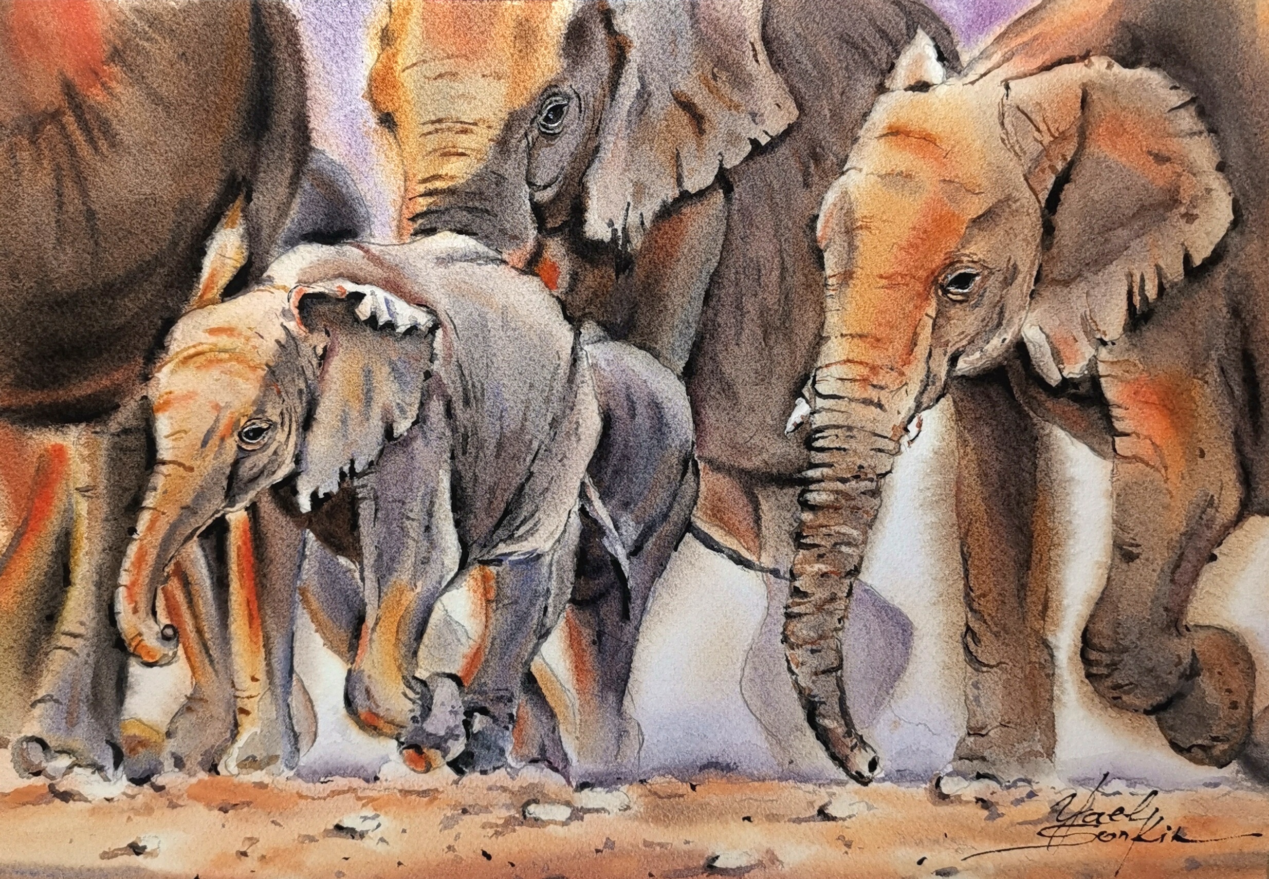 Elephant Family - Original Watercolor Wildlife Painting - Animal Wall Art