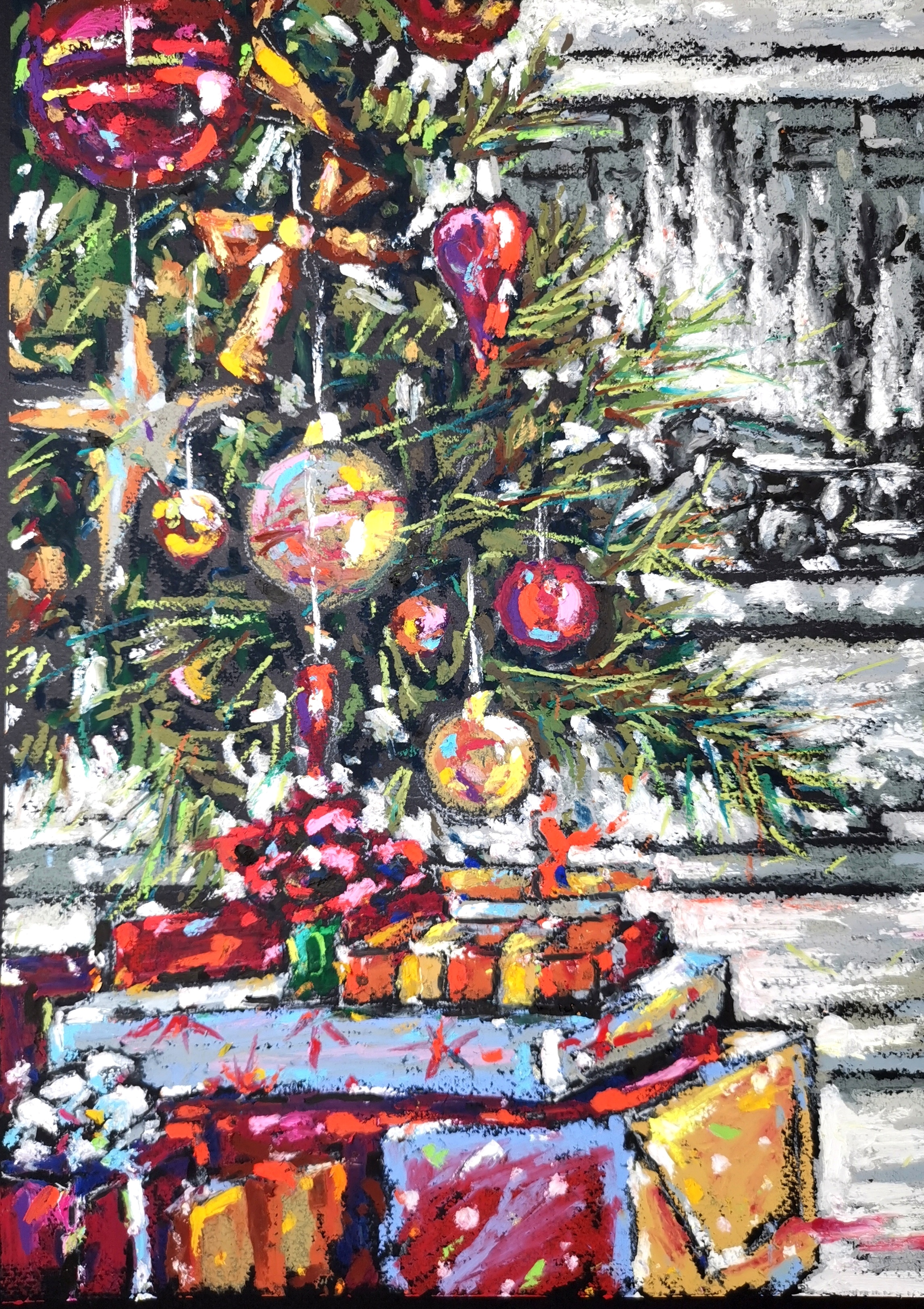Christmas tree painting Original oil pastel artwork