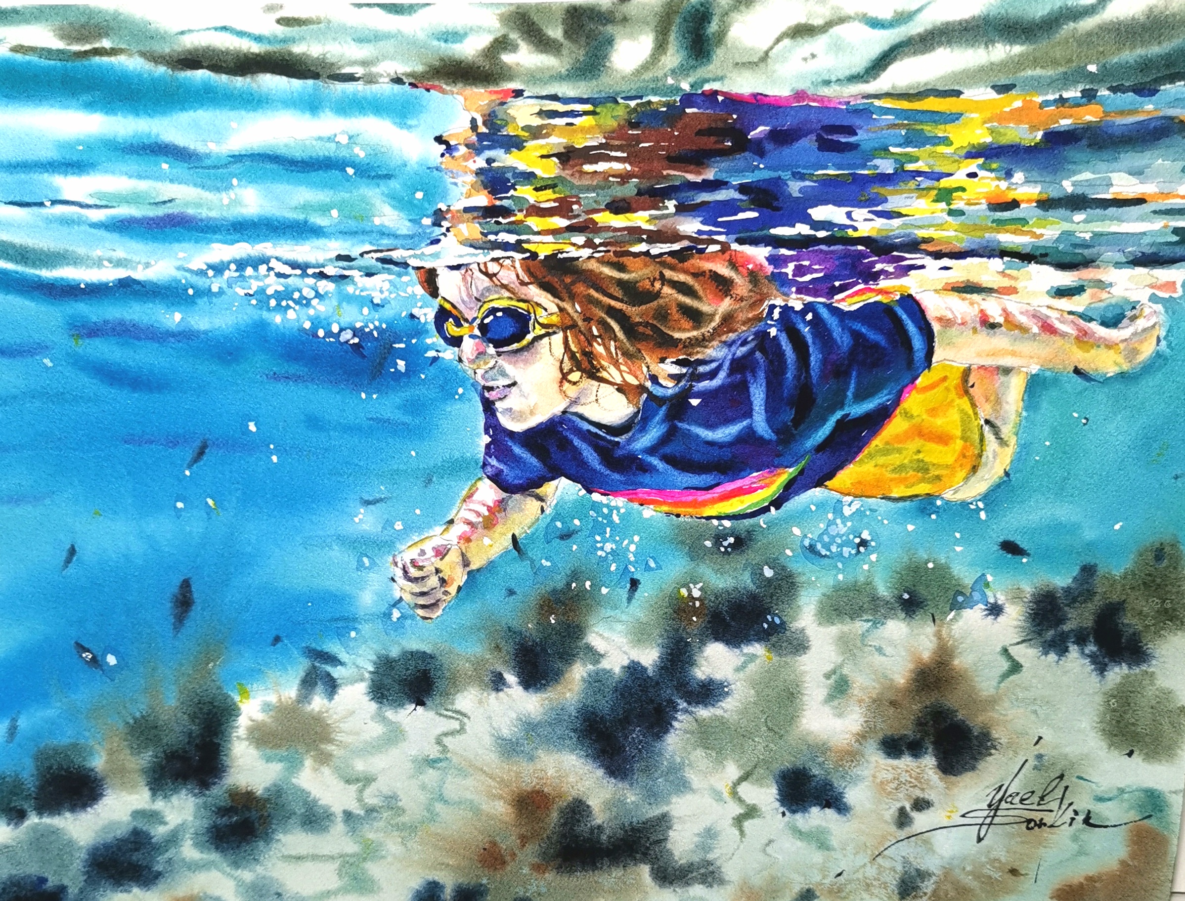 Original Watercolor Freedom Underwater Swimmer Painting - Ocean Life Wall Art