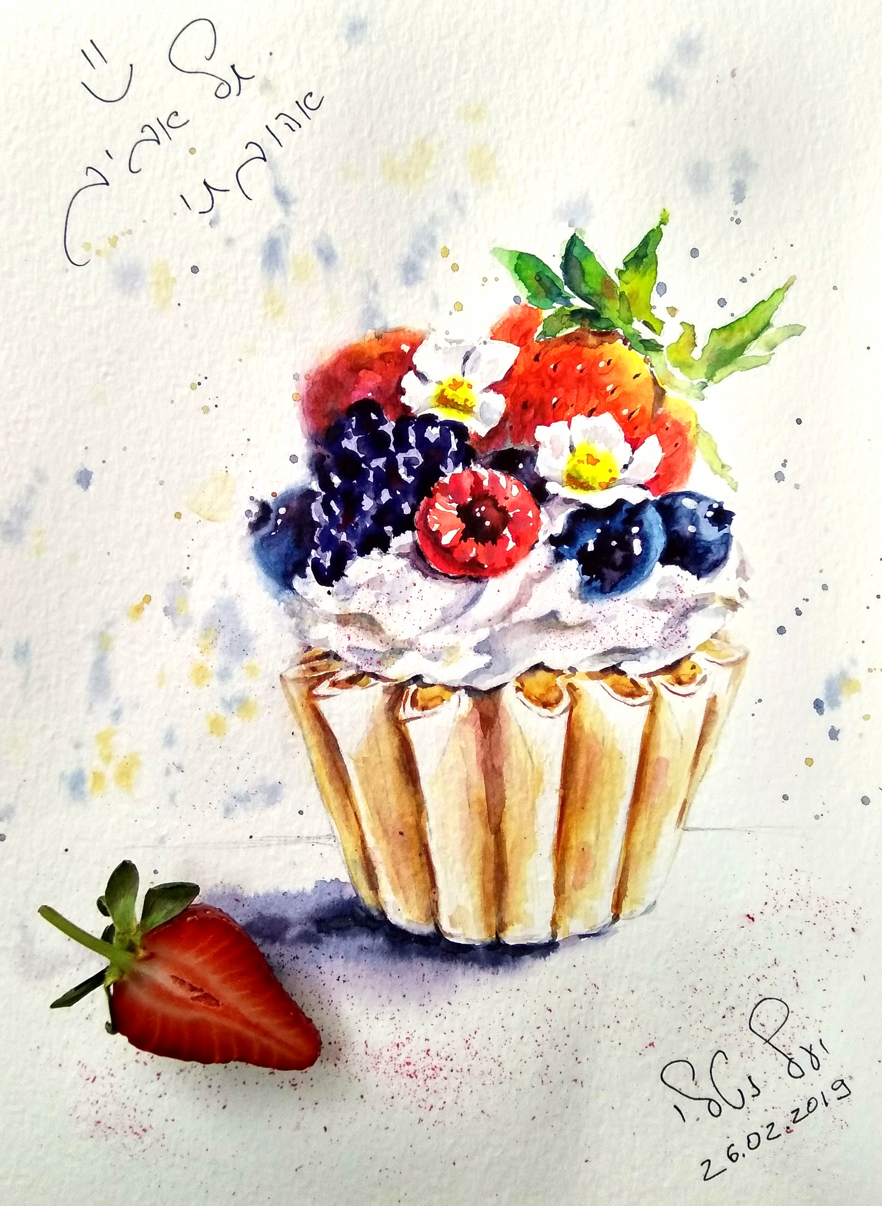 Fruit Cake Artwork Original Watercolor Dessert Painting Strawberry Artwork