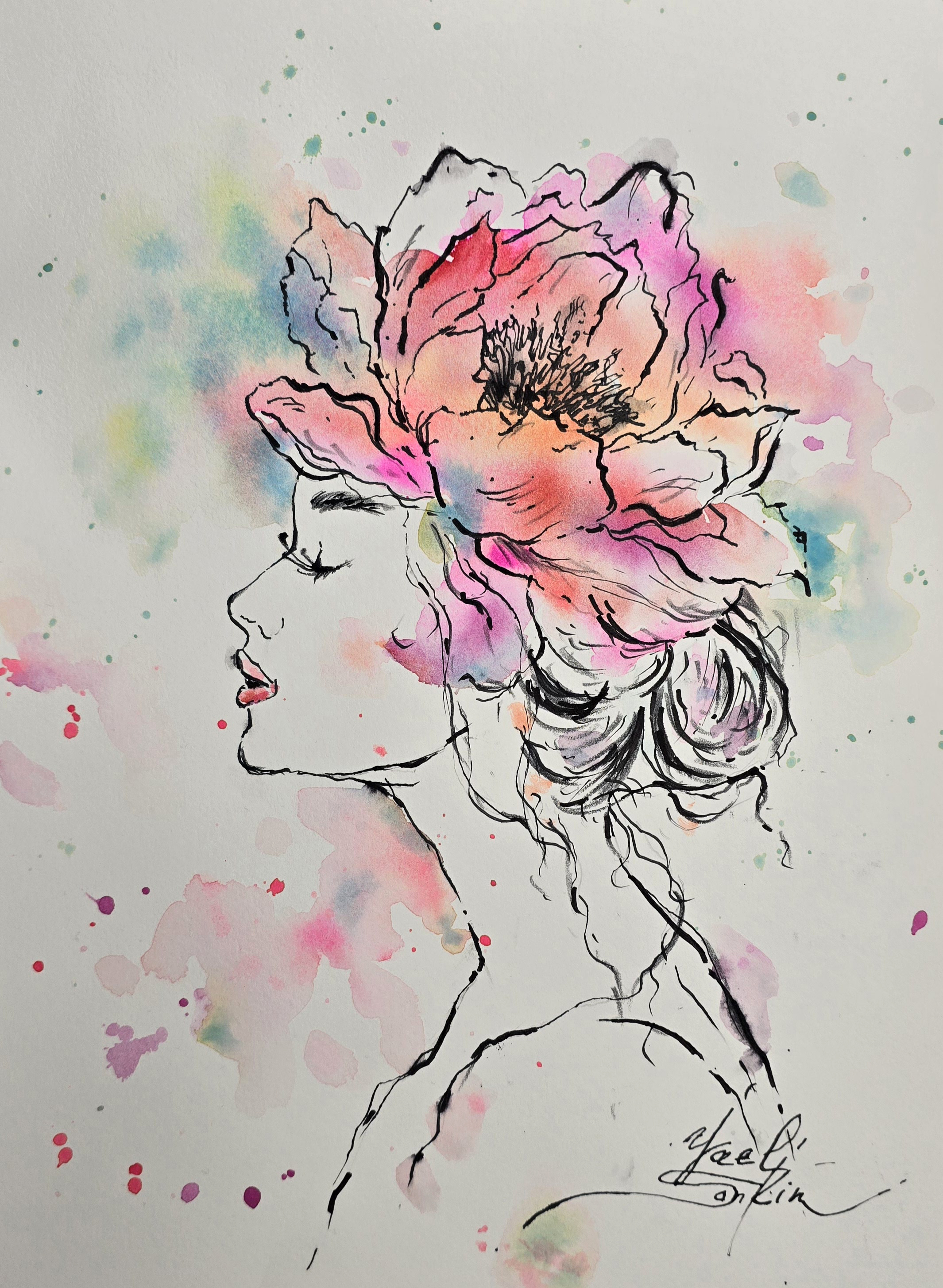Female Portrait with Peony - Original Watercolor & Ink Art