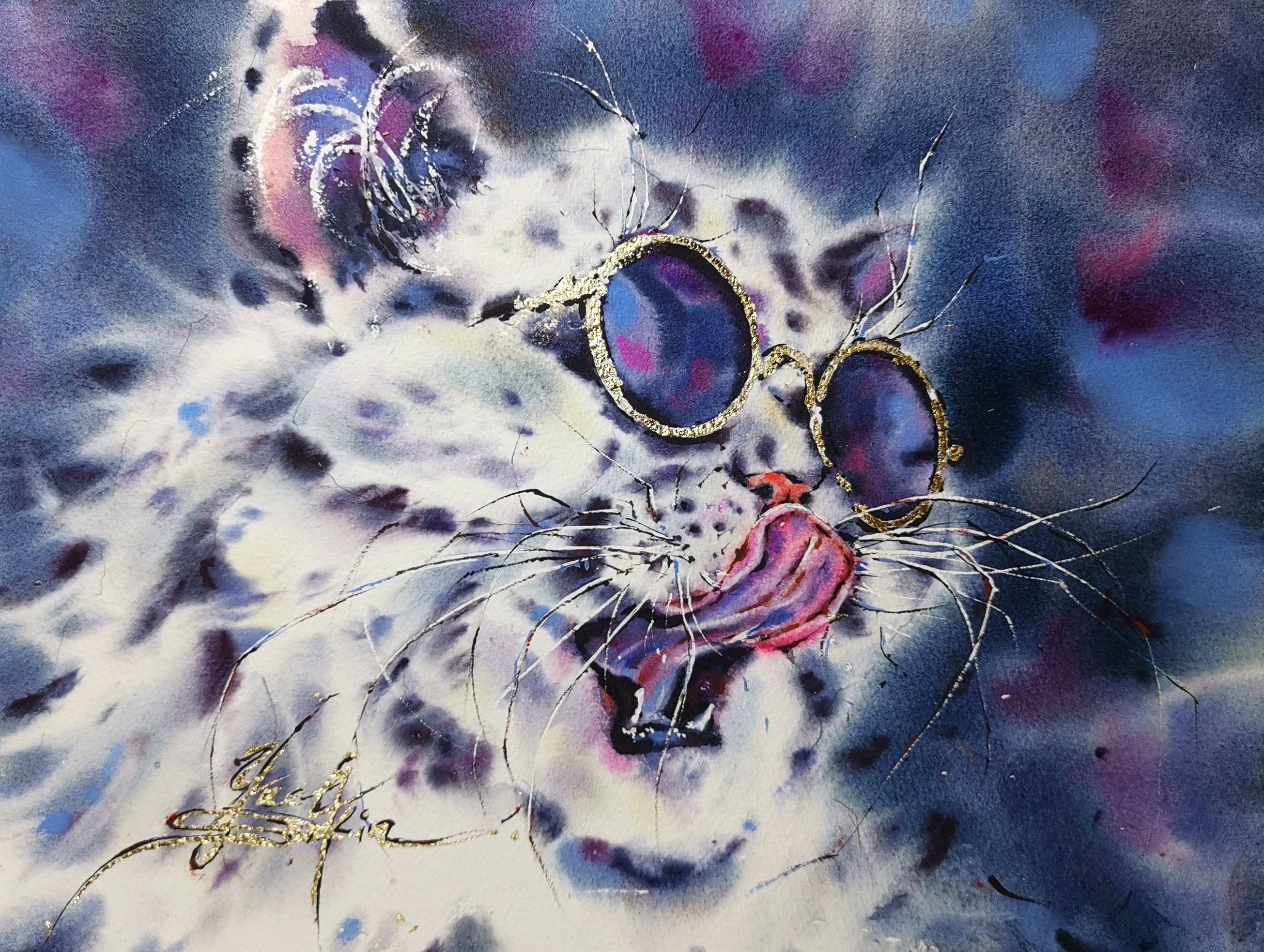 Original Watercolor Cool Cat Painting with Gold Foil - Modern Stylish Cat Wall Art