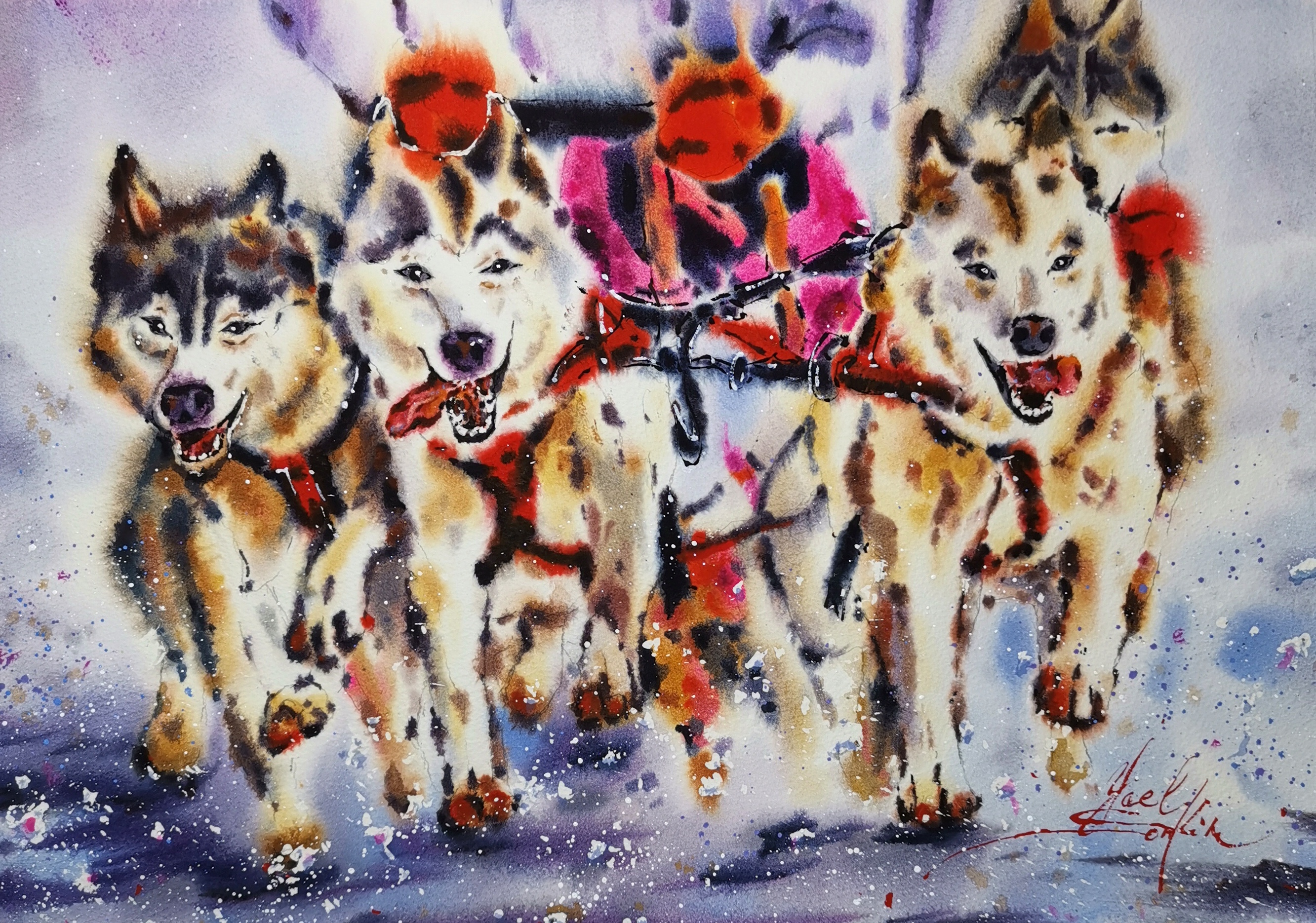 Original Watercolor Husky Dogs Painting - Alaska Sled Team Wall Art