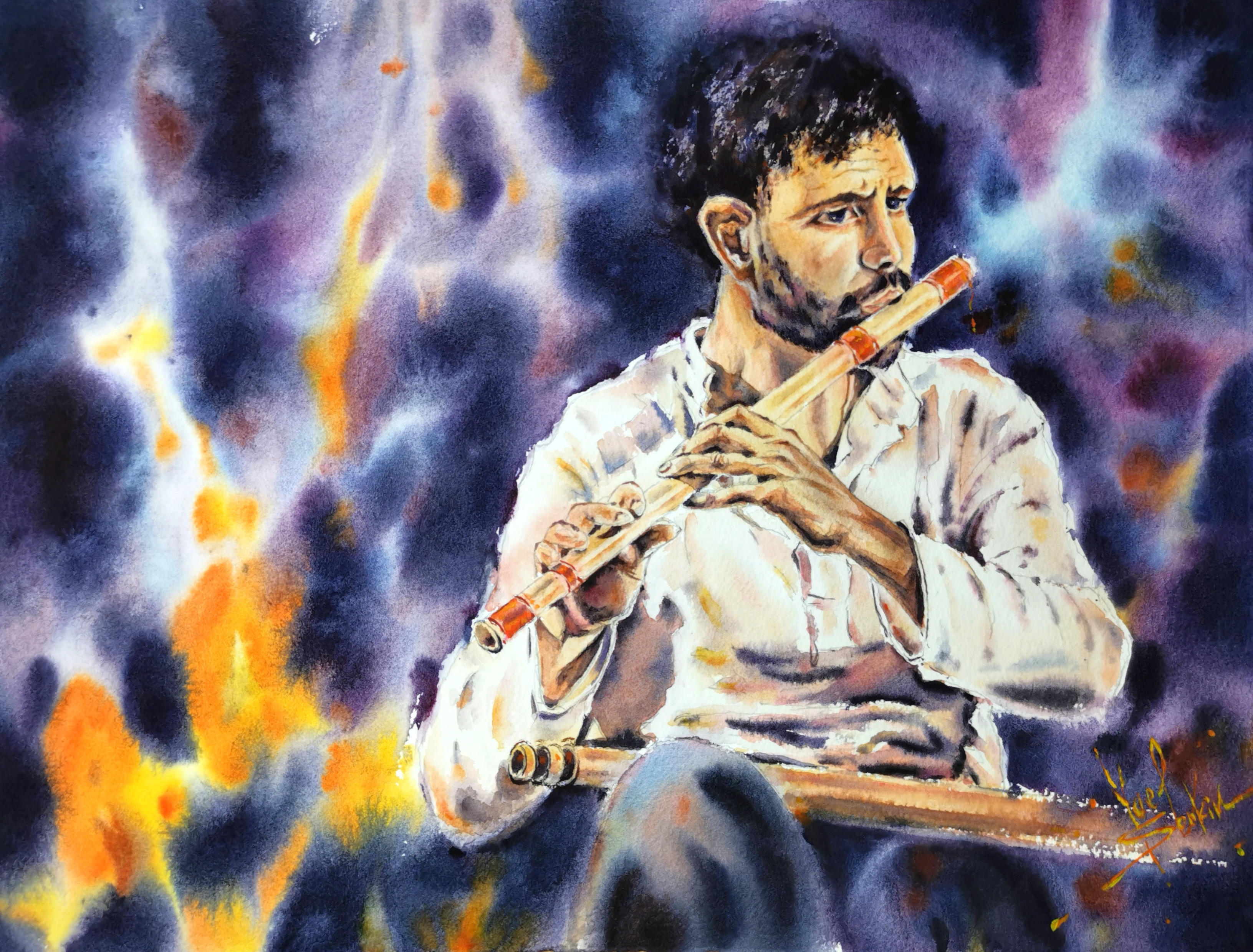 Original Watercolor Flutist Painting - Musician Plaing Flute Wall Art