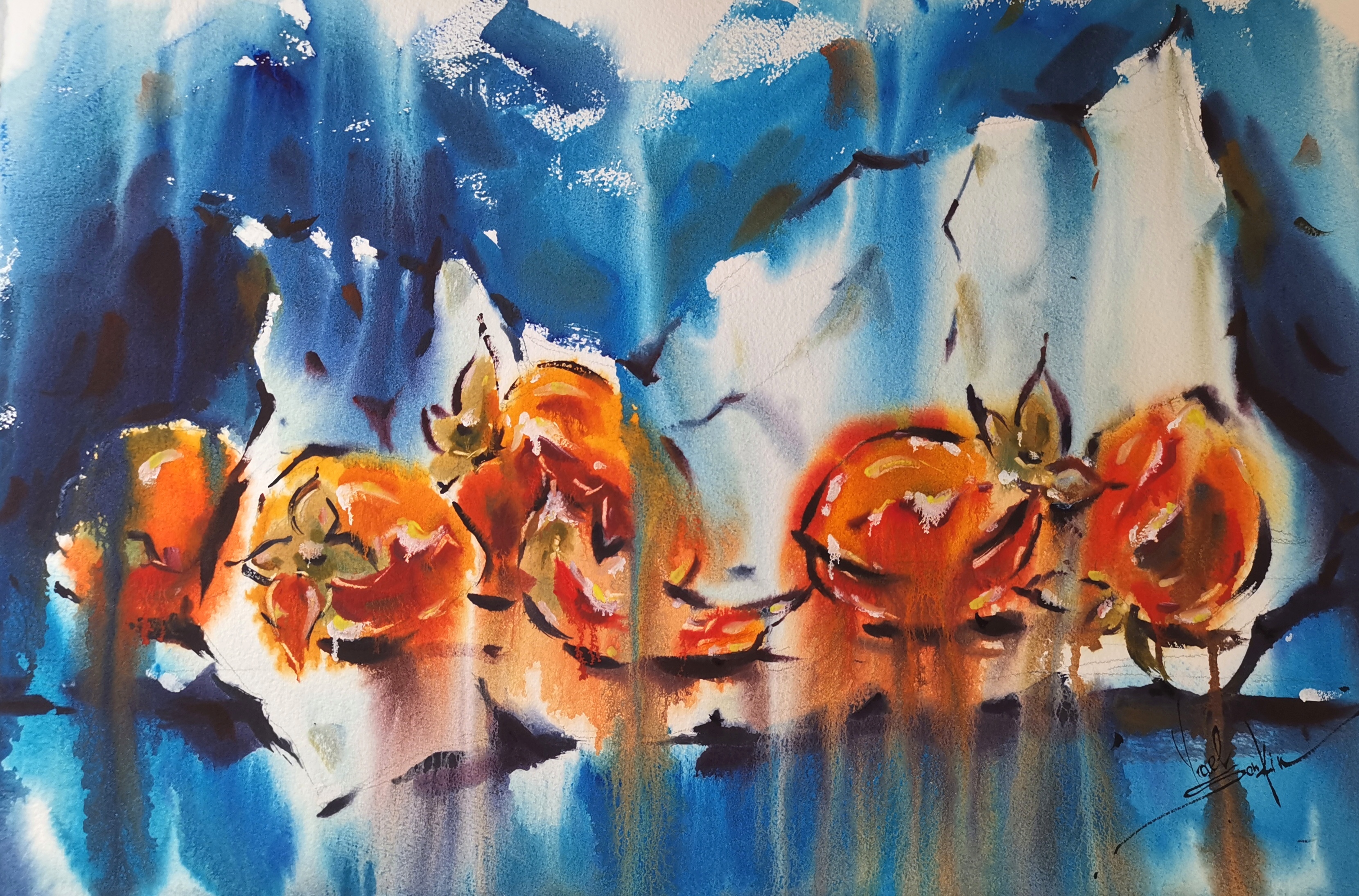 Original watercolor painting Fruit still life Persimmon painting