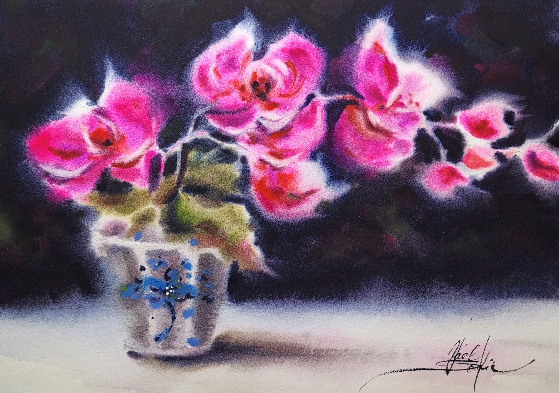 Original Watercolor Pink Orchid Flower Painting - Floral Wall Art