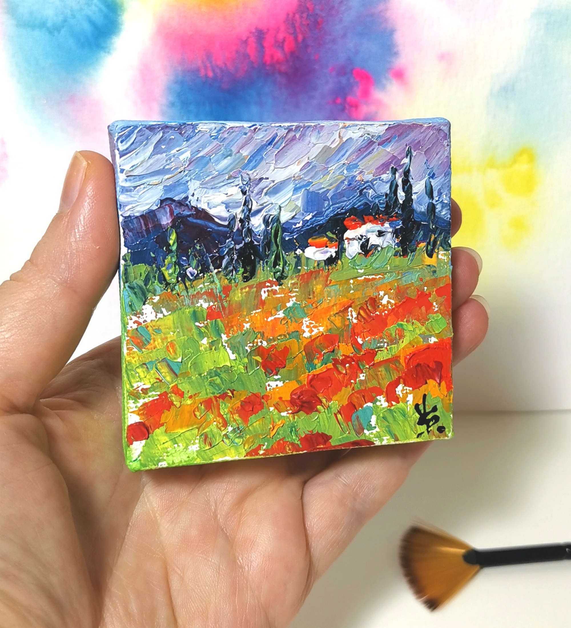 Tuscany Small Wall Art Original Oil Artwork Poppy Field Artwork 