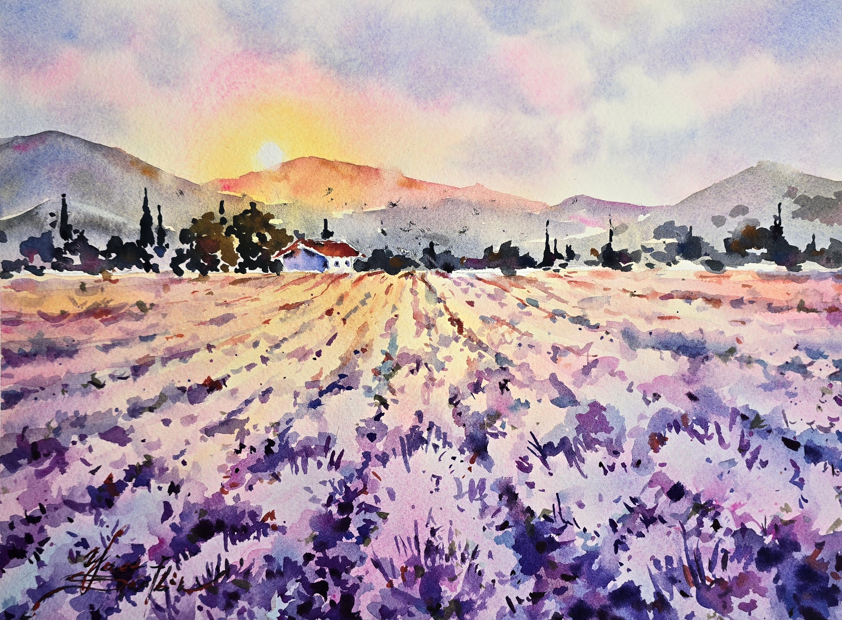 Provence Lavender field painting Original watercolor artwork