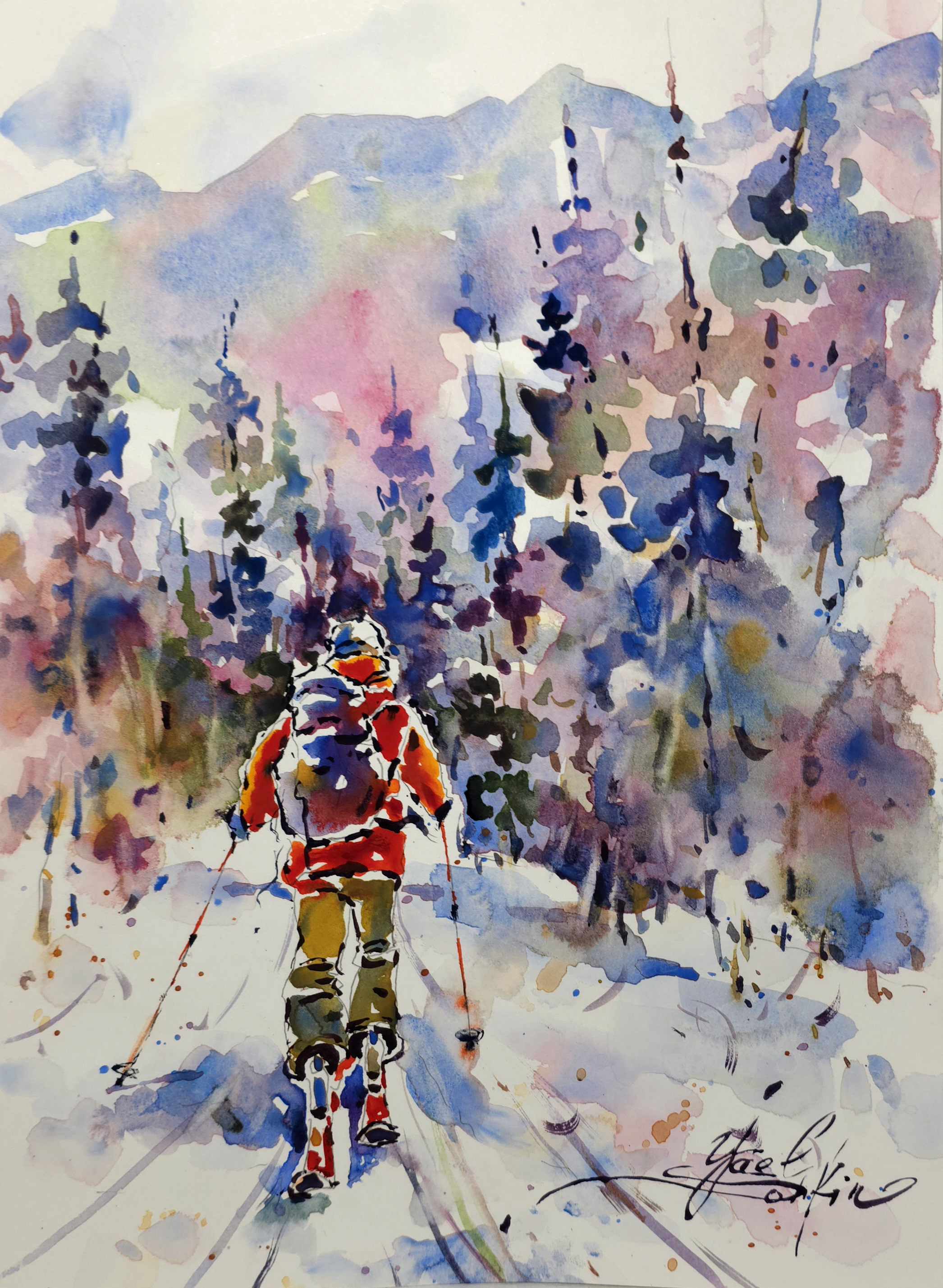 Original Watercolor Painting of Skier in Mountains