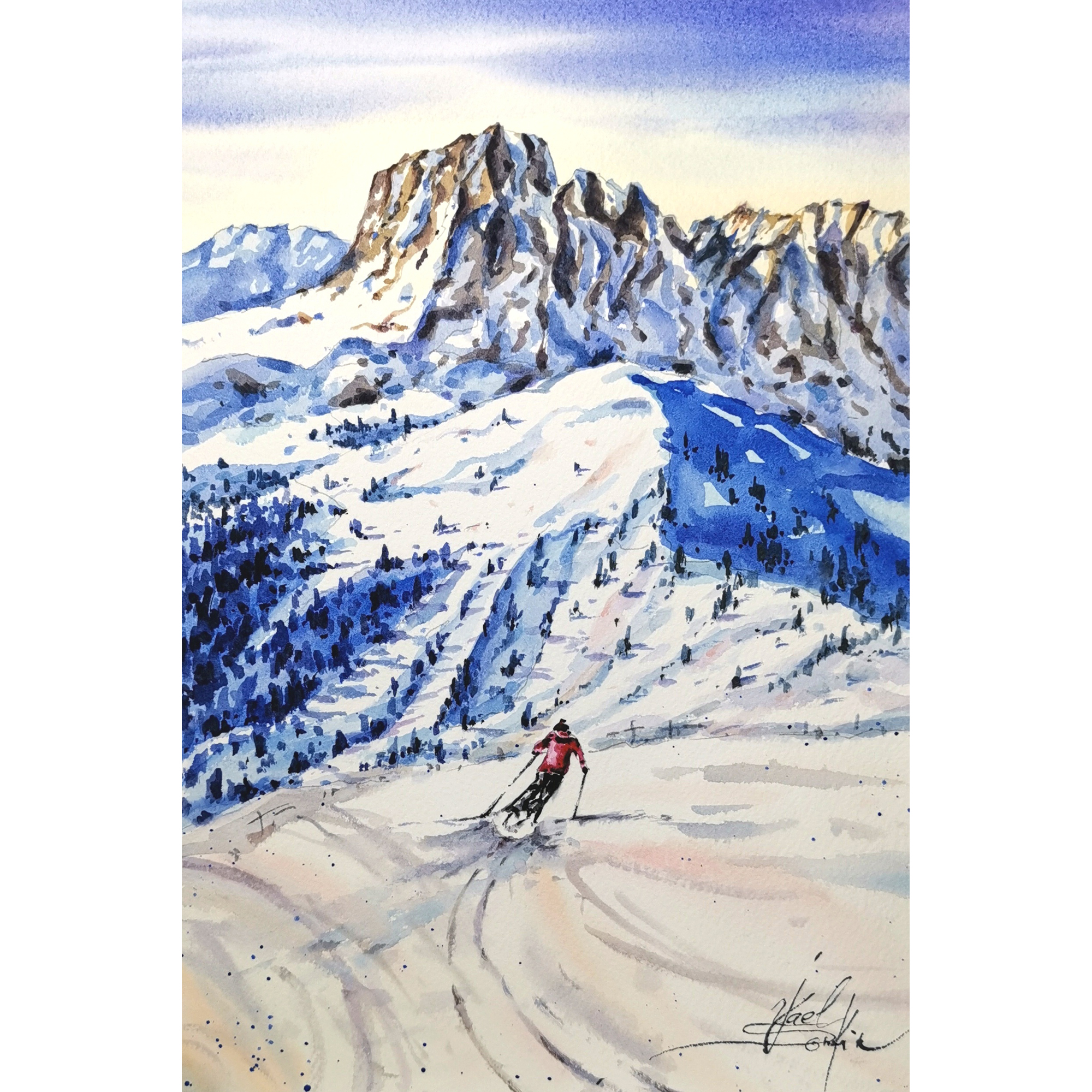 Ski painting Original watercolor painting Alps mountains artwork Skiing artwork Winter landscape