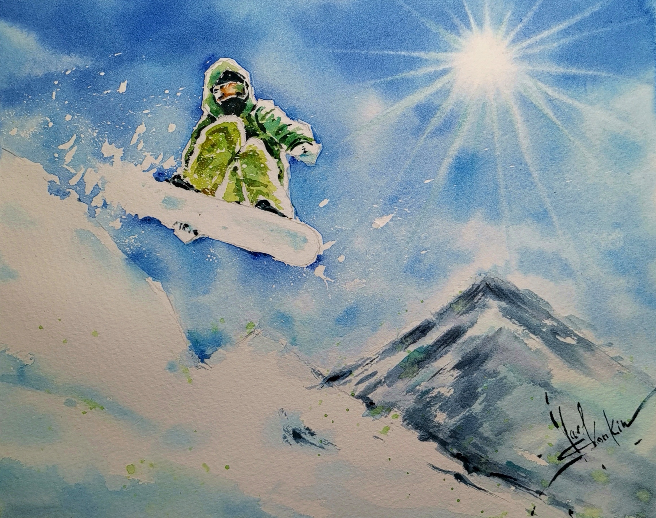 Snowboarding Art Original Watercolor