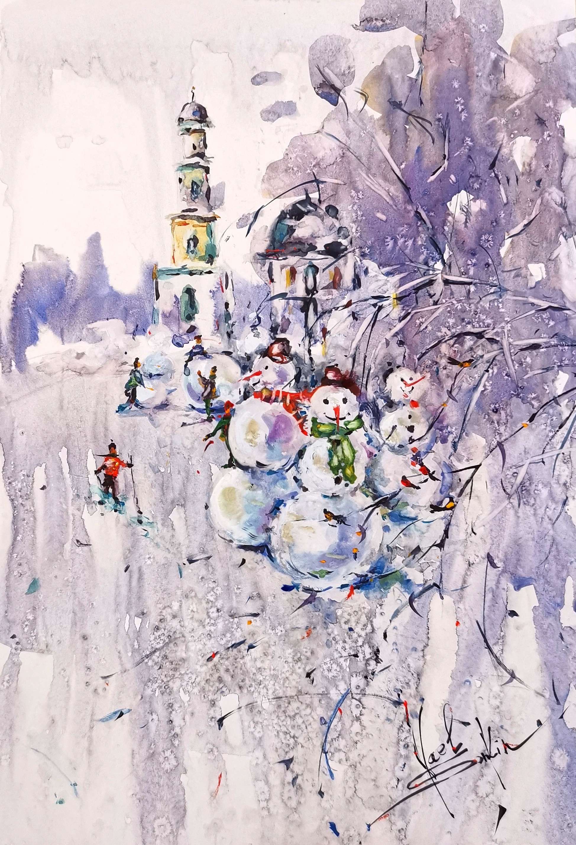 Snowman Painting Original Watercolor Artwork