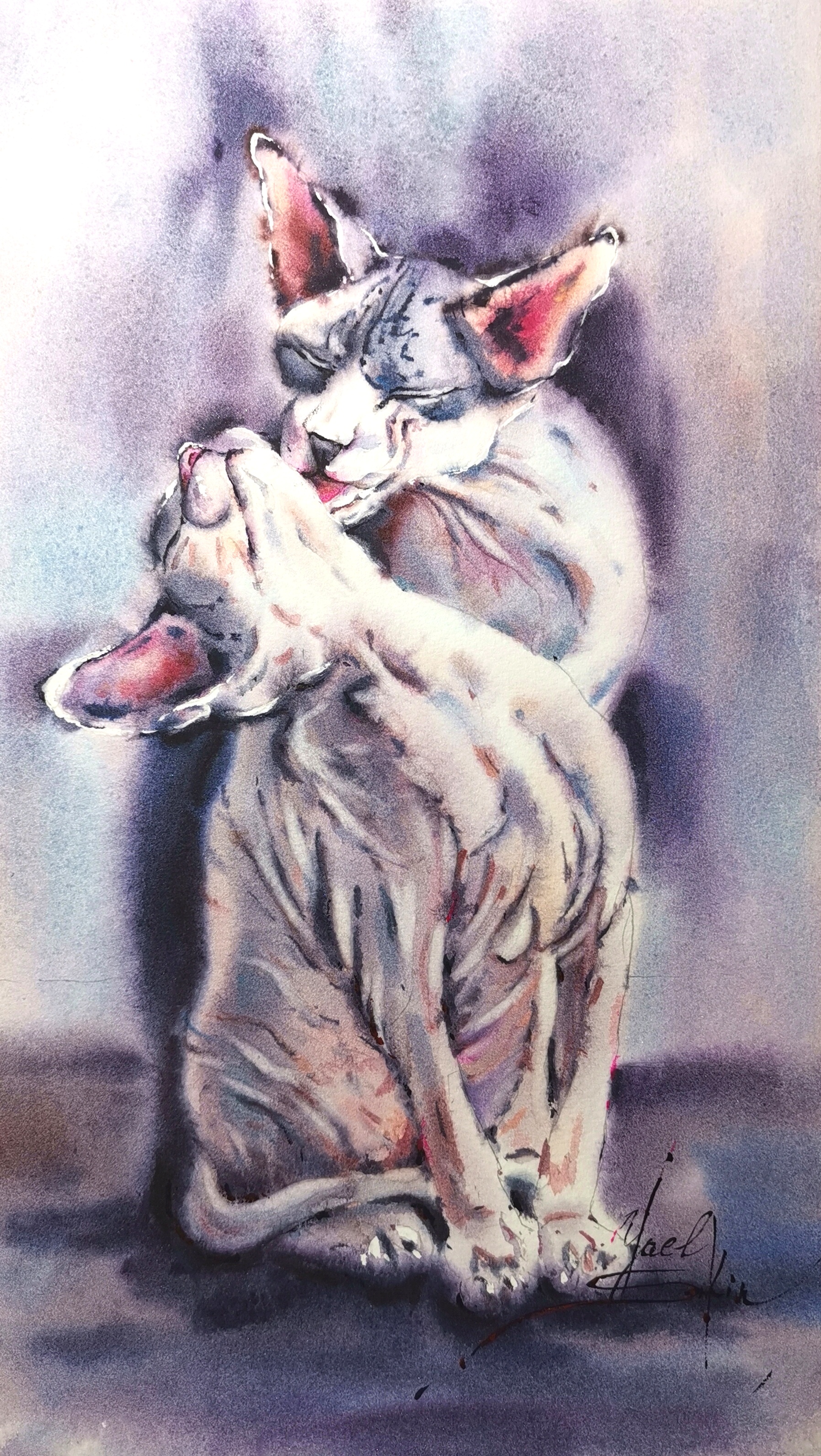 Original Watercolor Sphynx Cats Painting - Pet Love Wall Art
