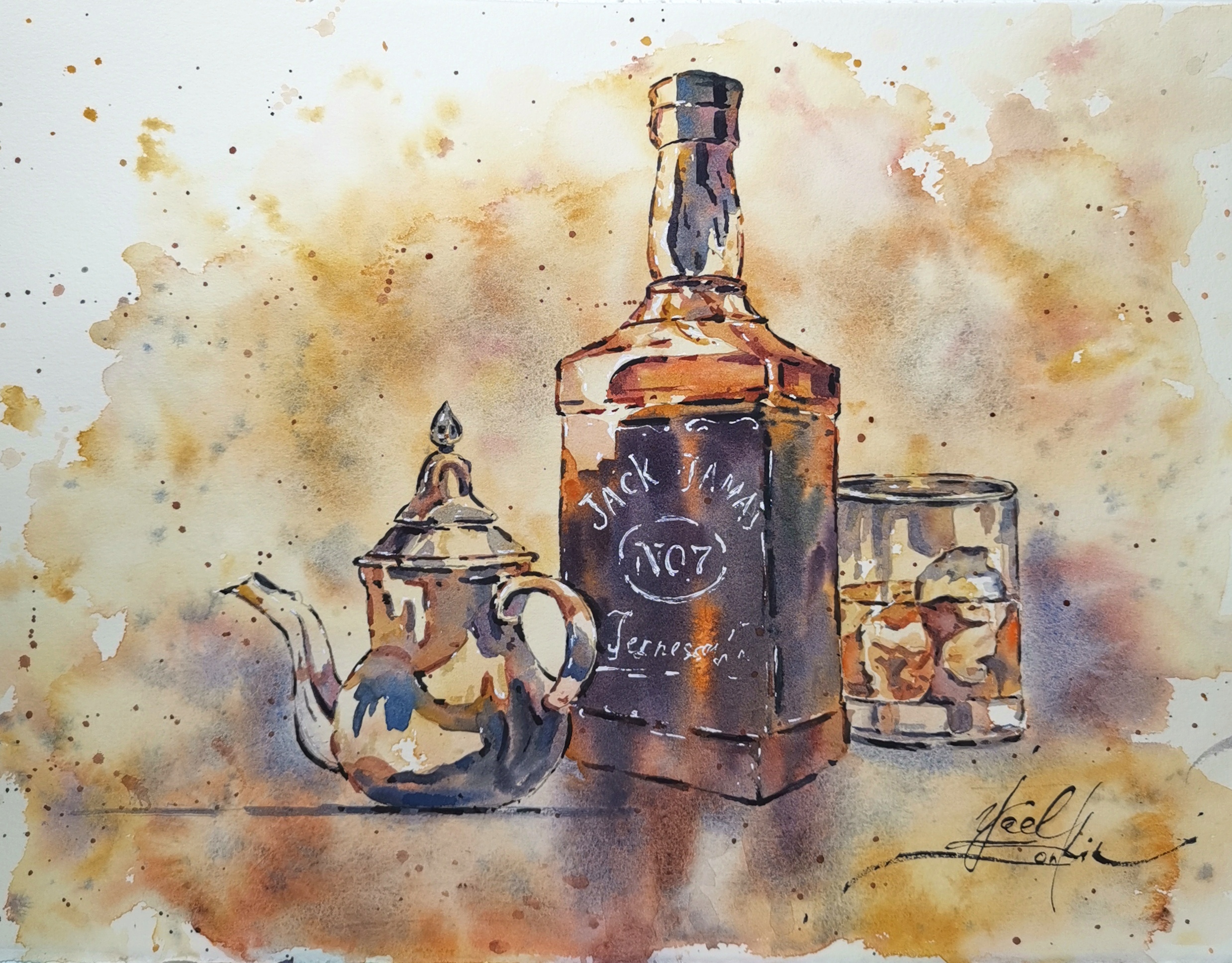 Original Watercolor Jack Daniel's Tennessee Whiskey Painting - Modern Still Life Wall Art