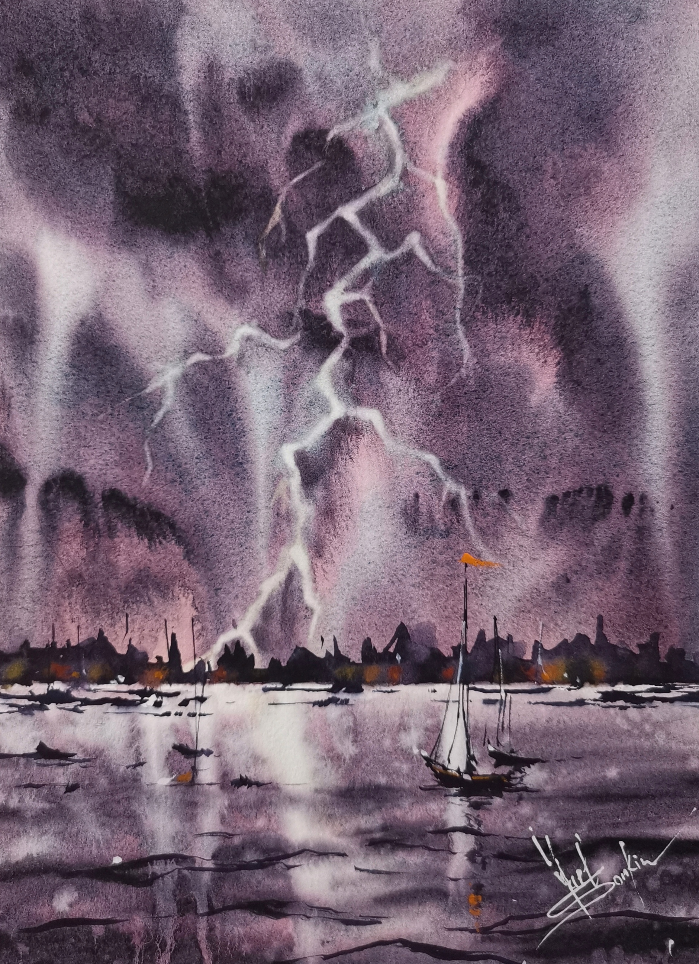 Seascape Artwork Lightning Painting Original Watercolor Storm Sky Art 