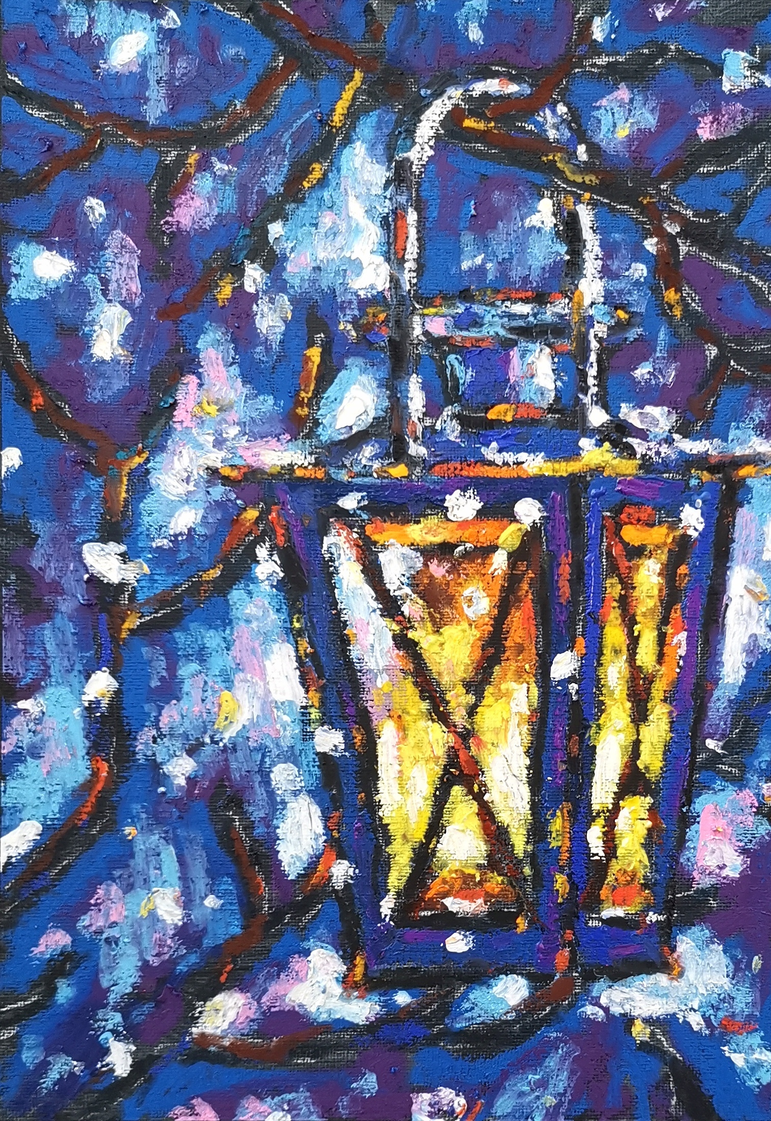 Street light artwork Original oil pastel painting