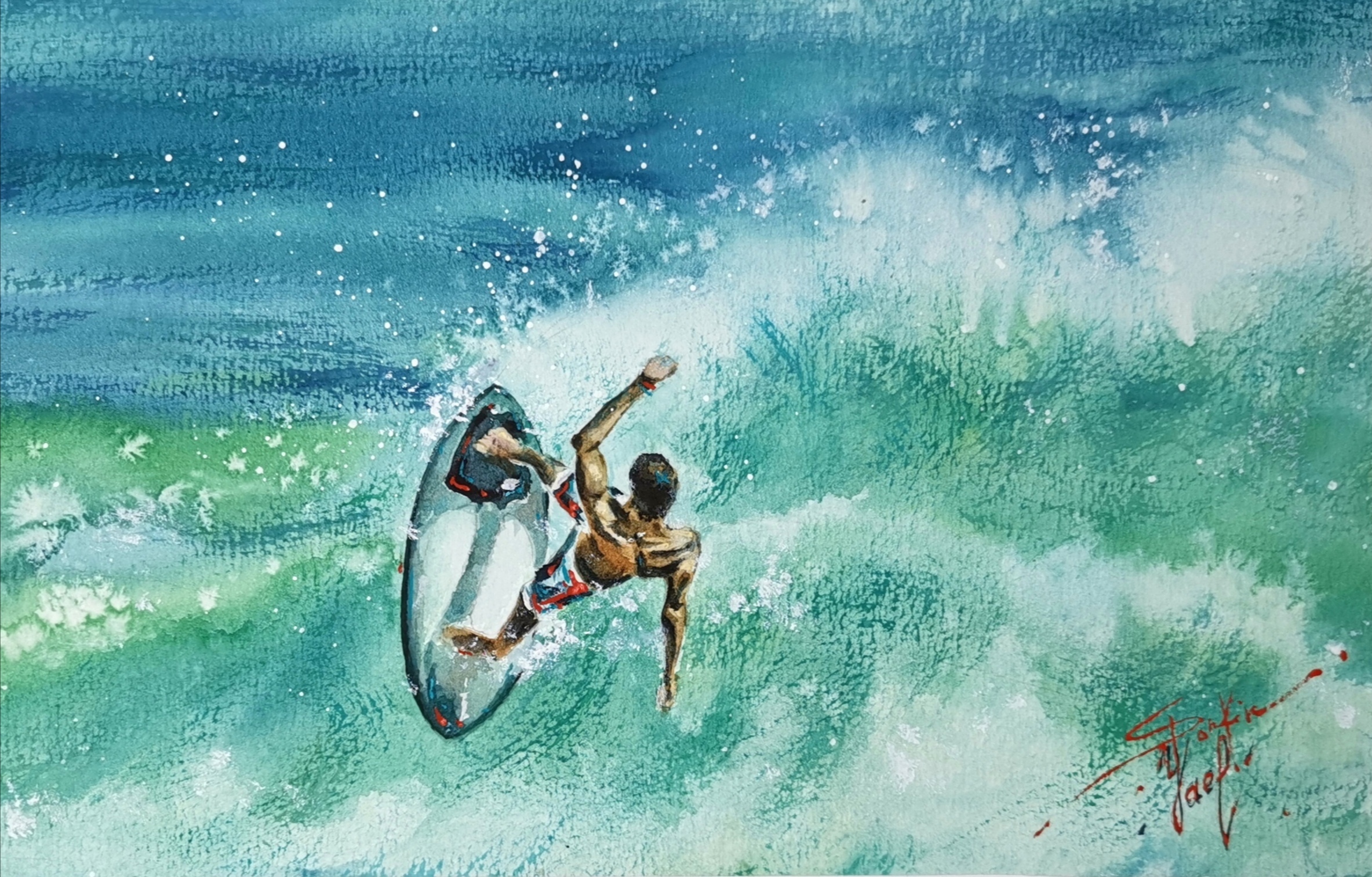 Surfing Painting Original Watercolor 