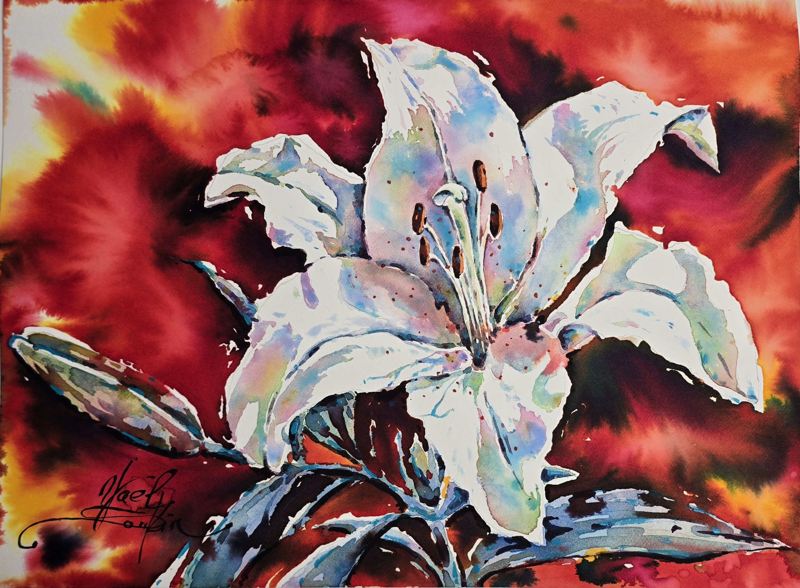White Lily Watercolor Painting - Original Floral Wall Art