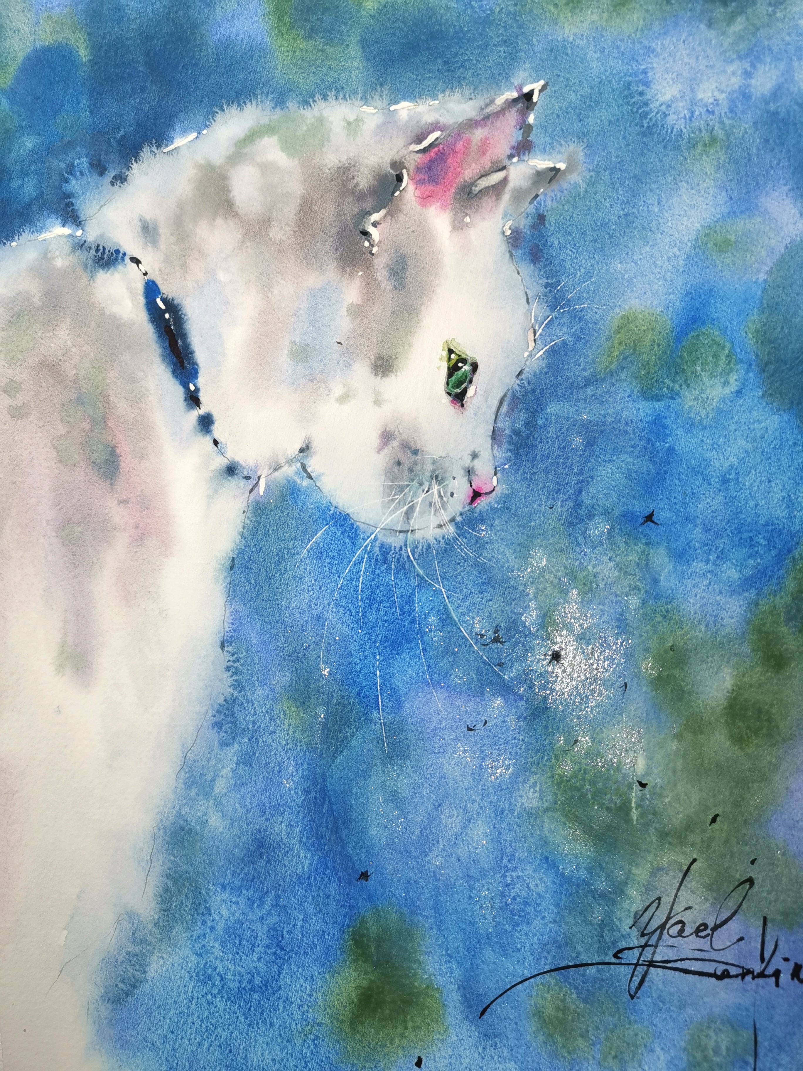 White cat painting Original watercolor painting Fluffy white cat artwork Animal painting