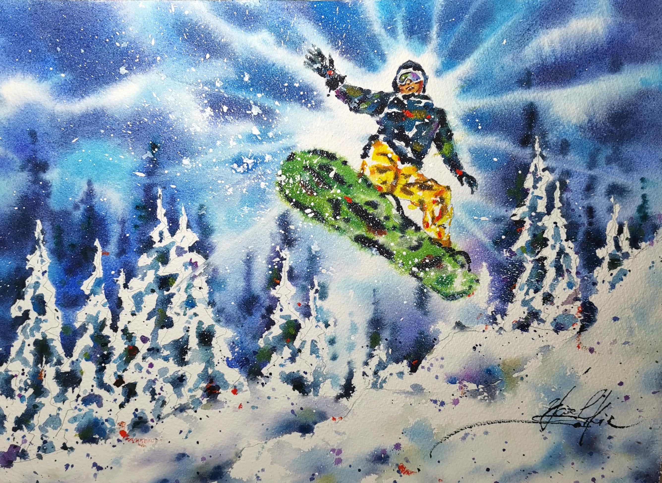 Original Watercolor Snowboard Painting - Extreme Winter Sport Wall Art