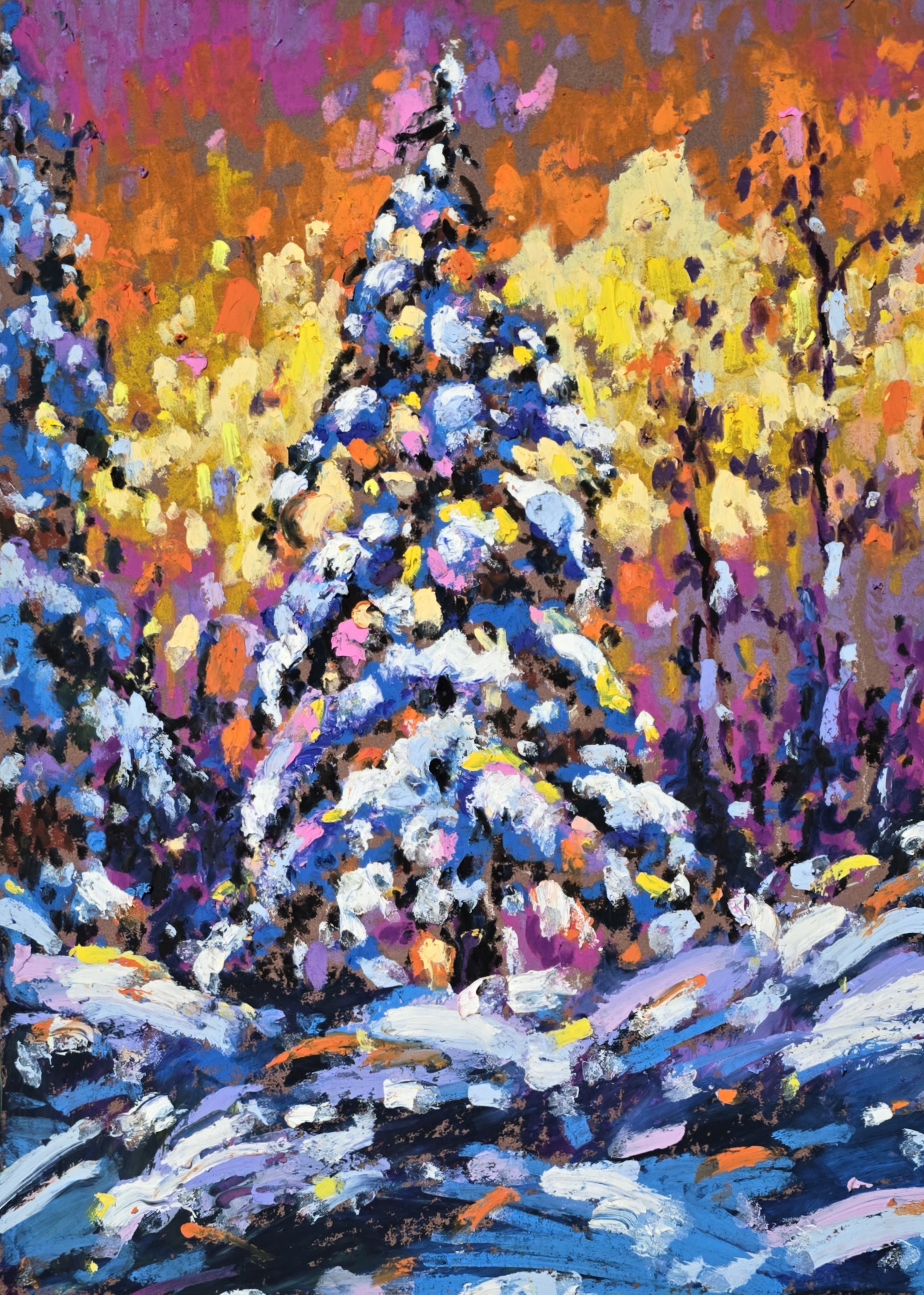 Original oil pastel painting by Yael Natali - snowy forest landscape at sunset, colorful winter trees, impressionist art on paper, 12x9 inches