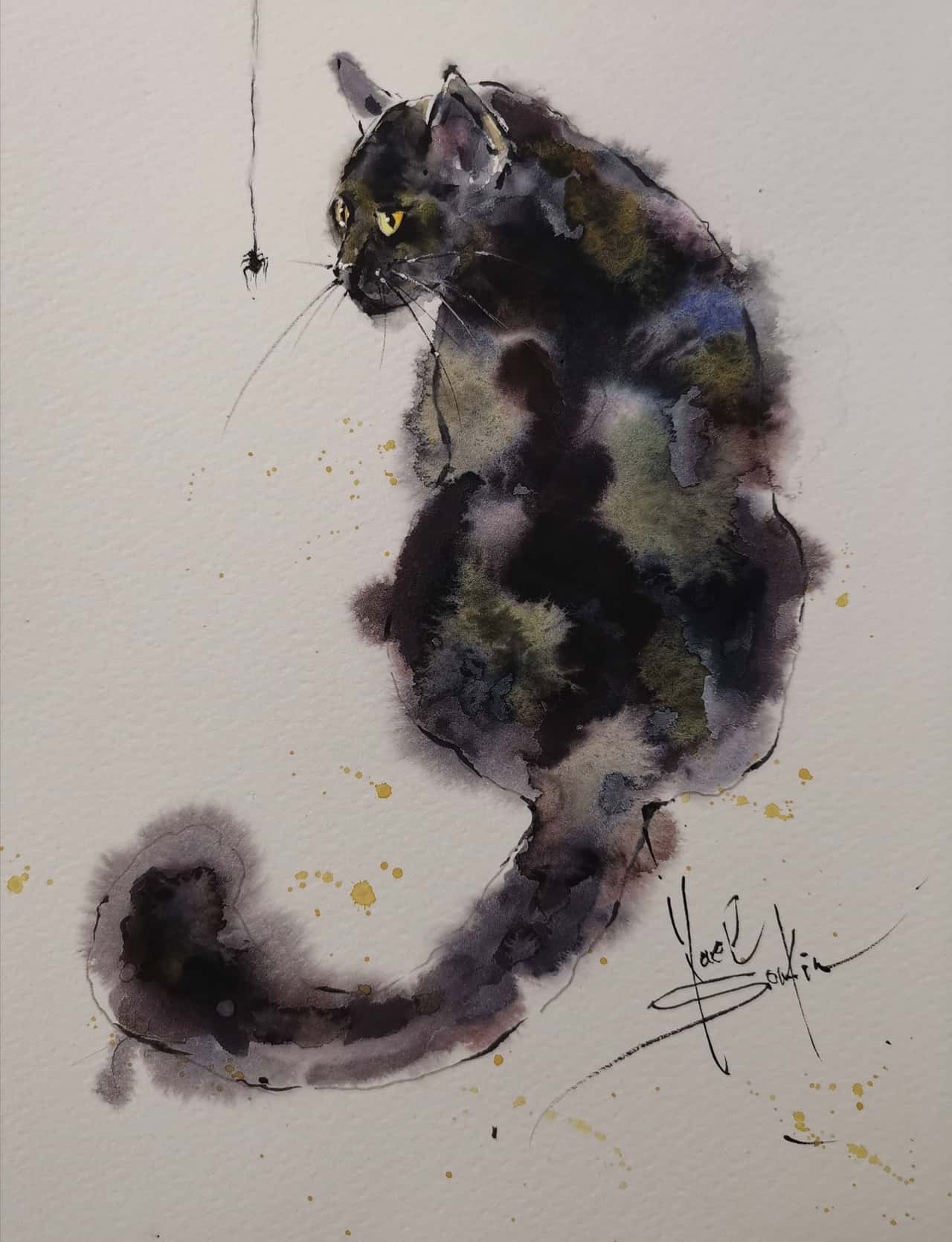 Cat Painting Original Watercolor Black Cat Artwork 