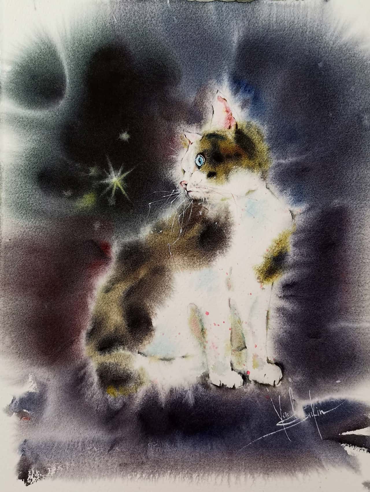 Black cat painting Original watercolor painting