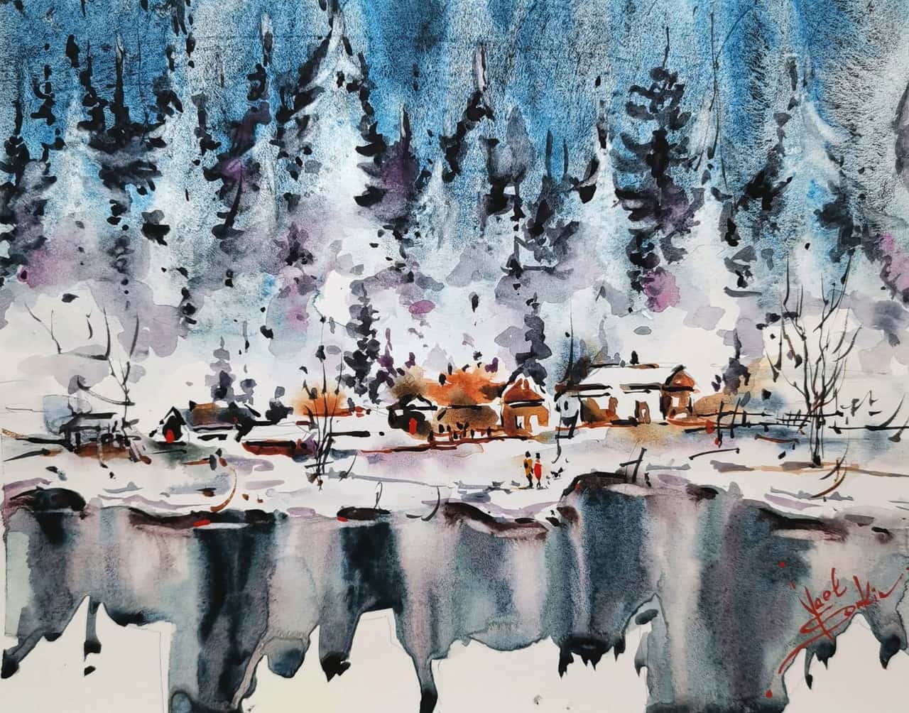 Canada Painting Original Watercolor Winter Landscape 