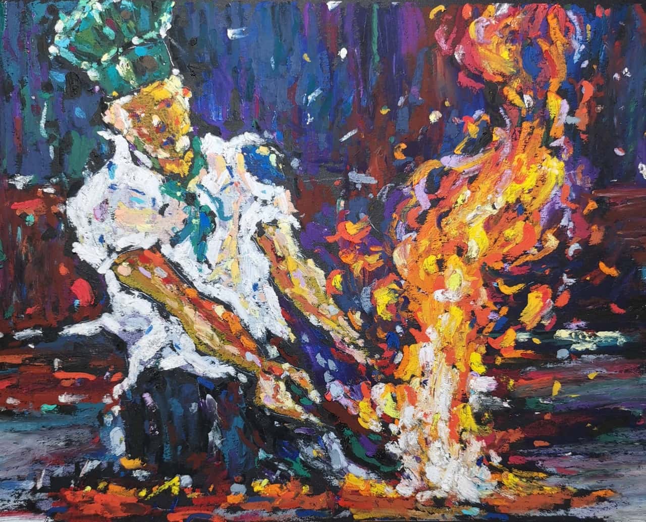 Chef painting Original oil pastel artwork Fire painting Cook painting