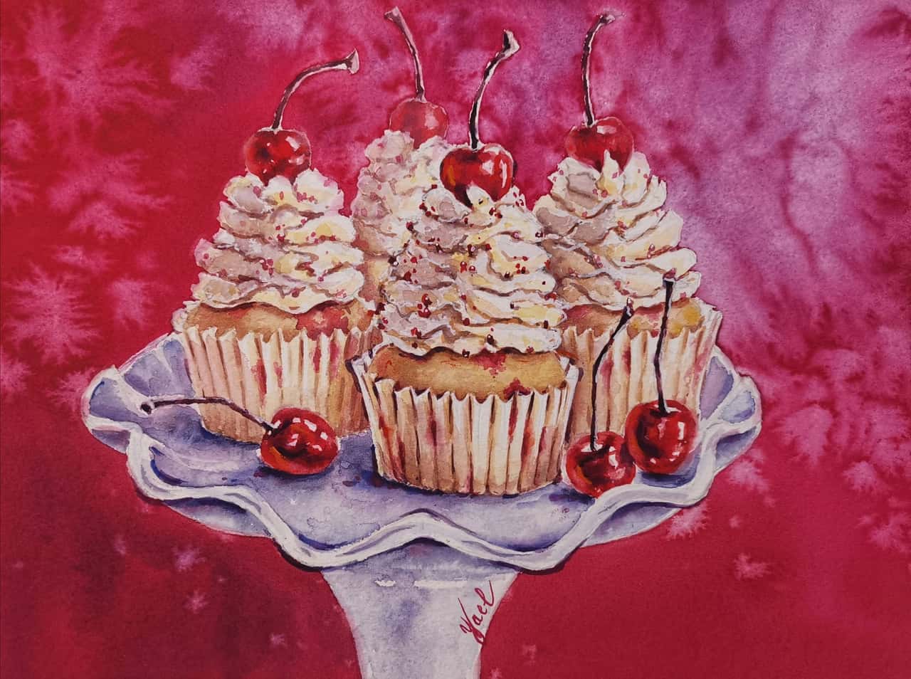 Cake Painting Original Watercolor Cherry Cake Artwork 