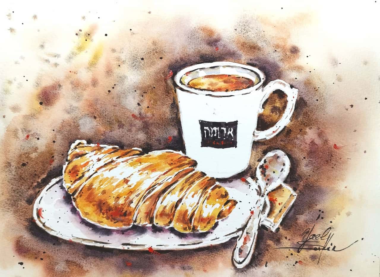 Croissant painting Original watercolor painting Cup of coffee painting Breakfast painting